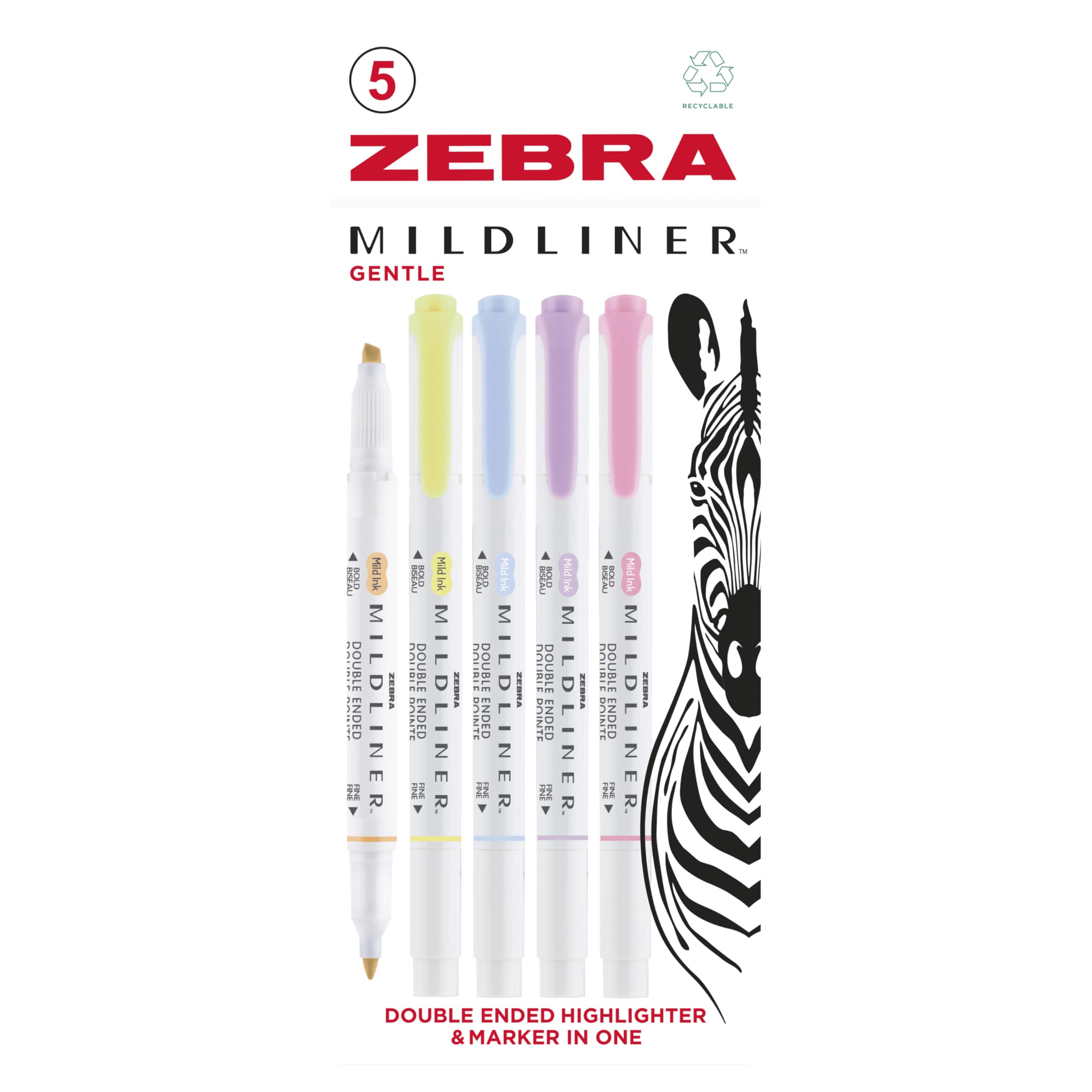 Zebra Pen MILDLINER Dual Tip Highlighters & Colouring Pens - Gentle 5pk | Water-Resistant Ink 1