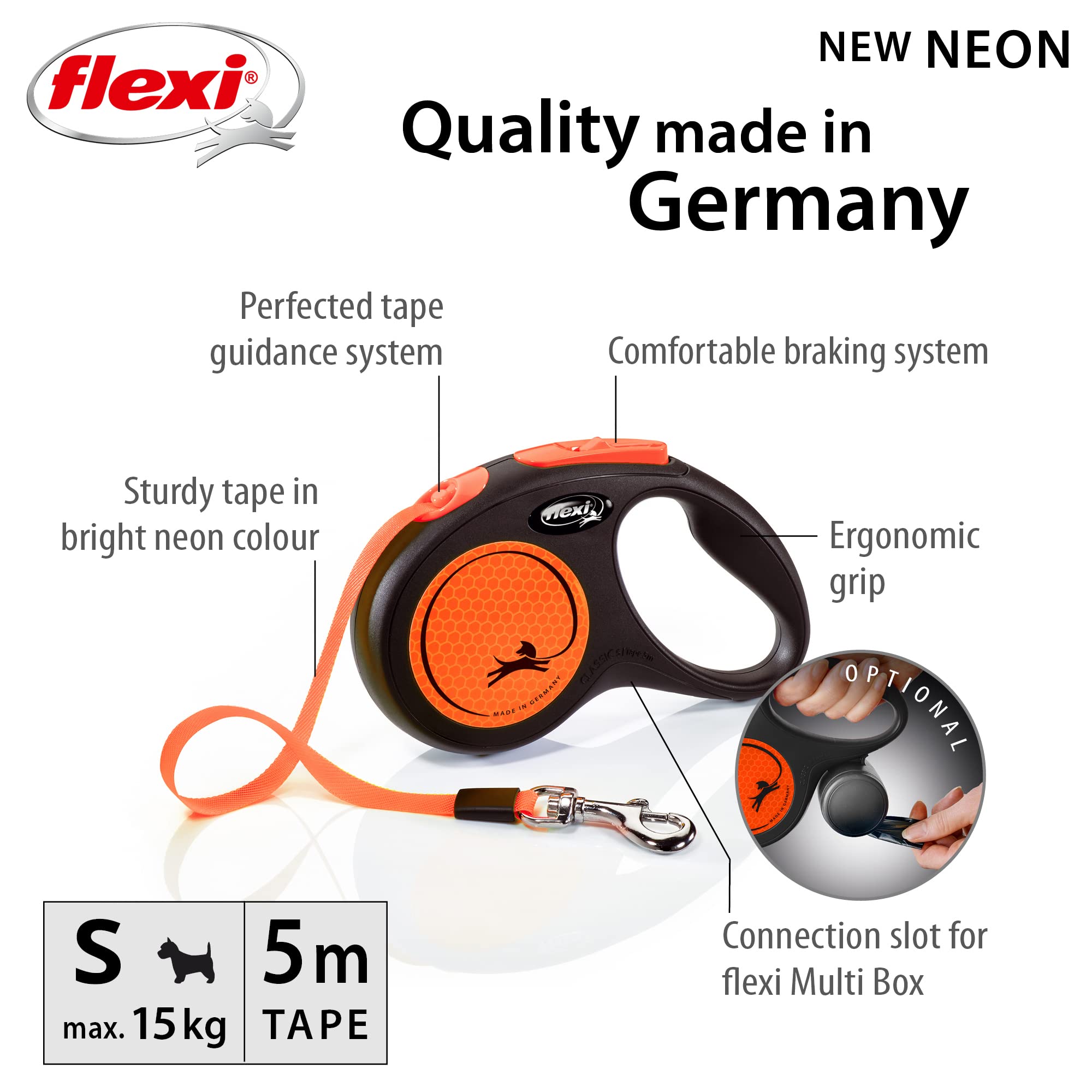 flexi Neon S Tape Retractable Dog Lead - 5m Length | Small Dogs | Black/Neon-Orange