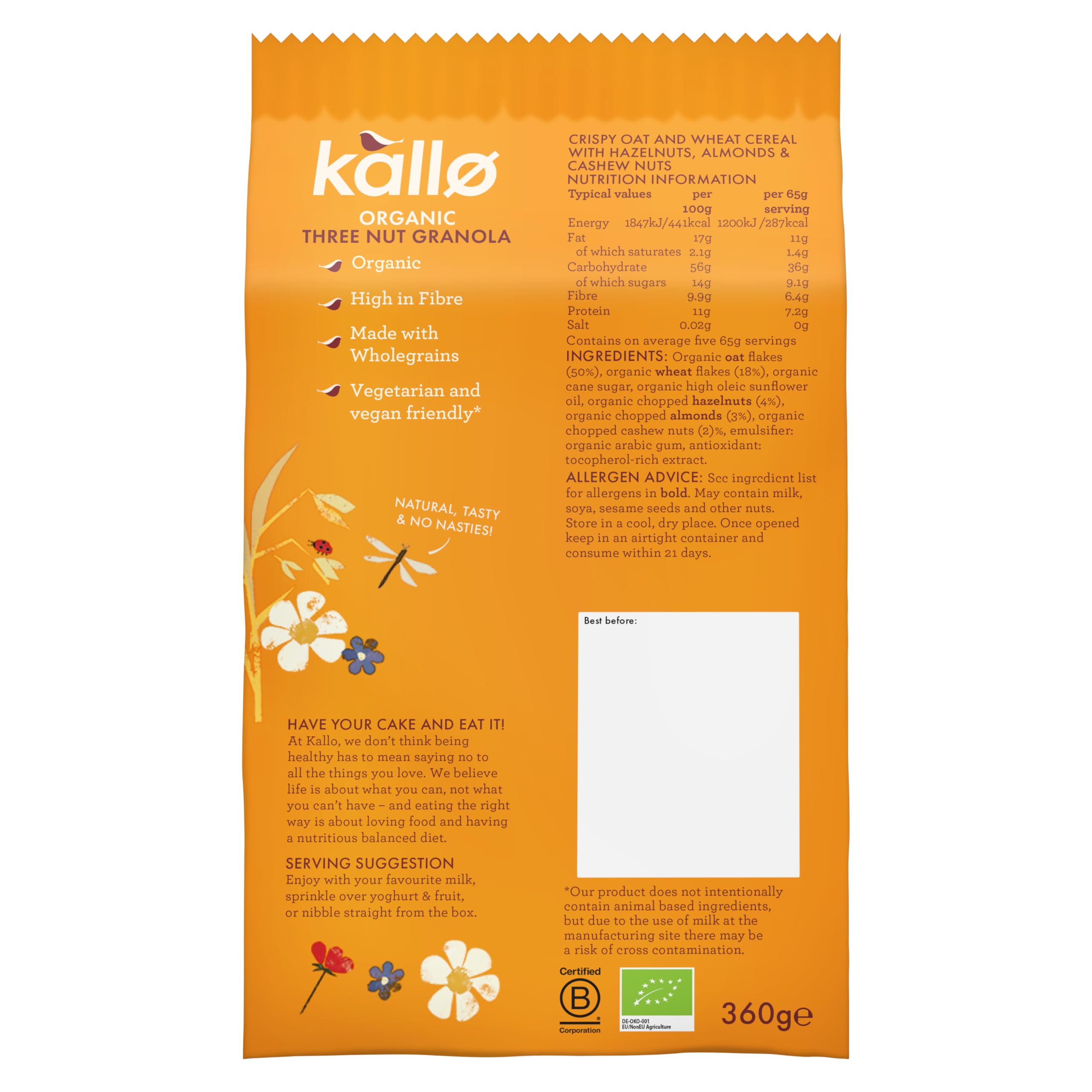 Kallo Organic Three Nut Crunch Granola, 360g – High-Fibre, Wholegrain Breakfast Cereal
