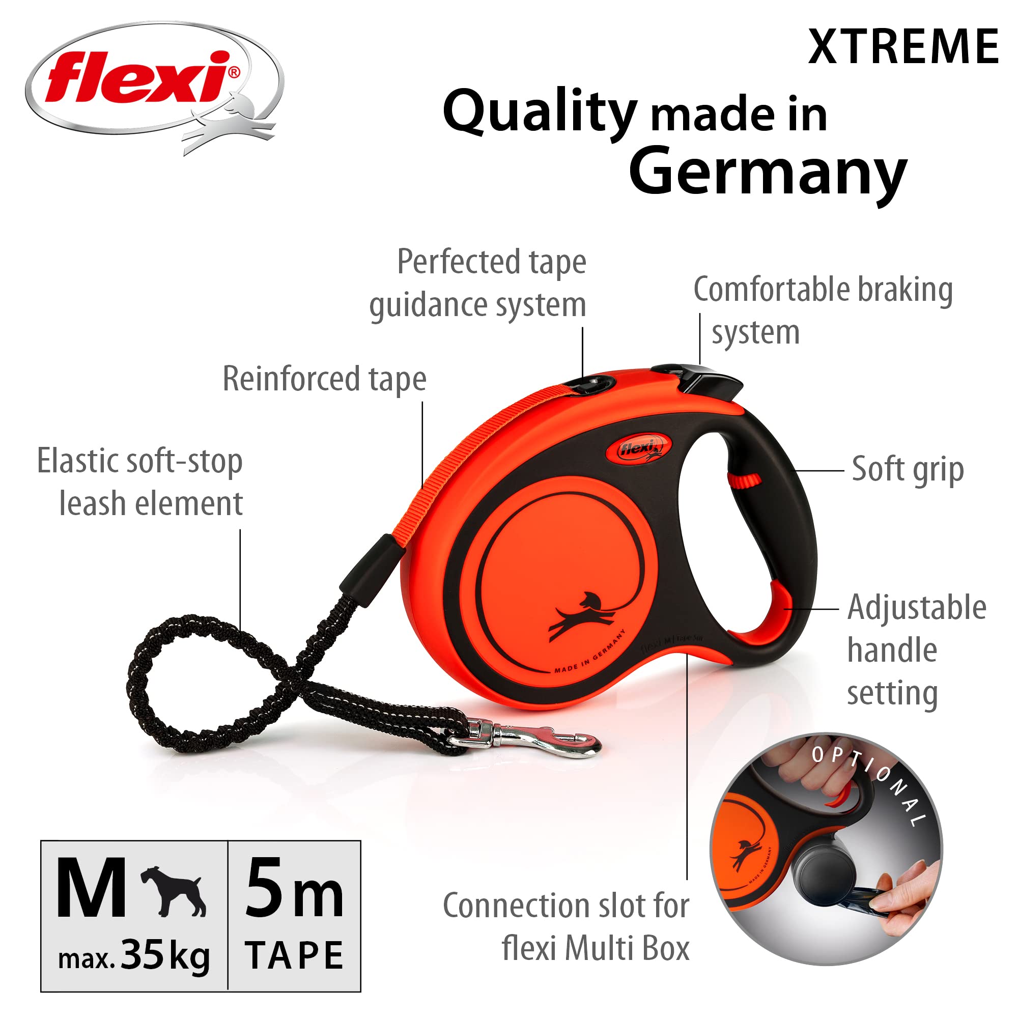 flexi Xtreme M Retractable Dog Lead - 5m Tape, 35kg Max, Orange/Black