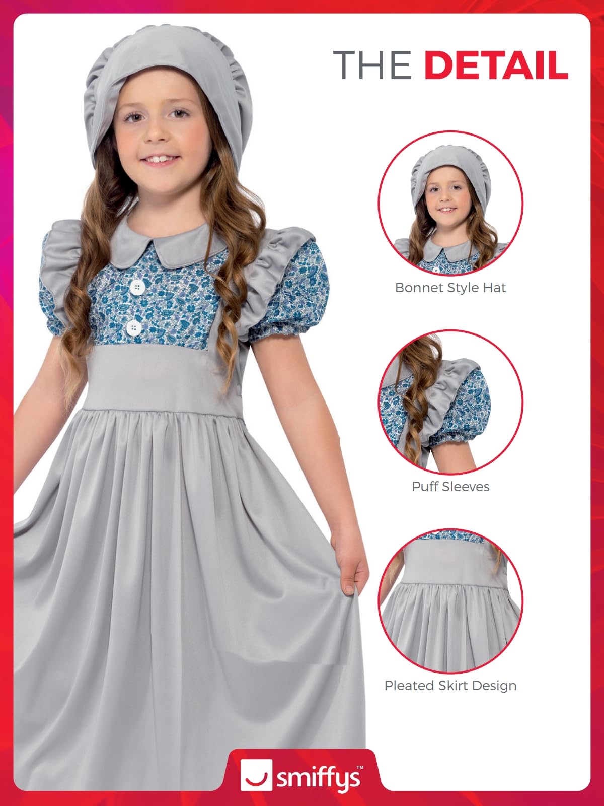 Smiffys Victorian School Girl Costume - Grey Dress & Hat for Ages 7-9 4