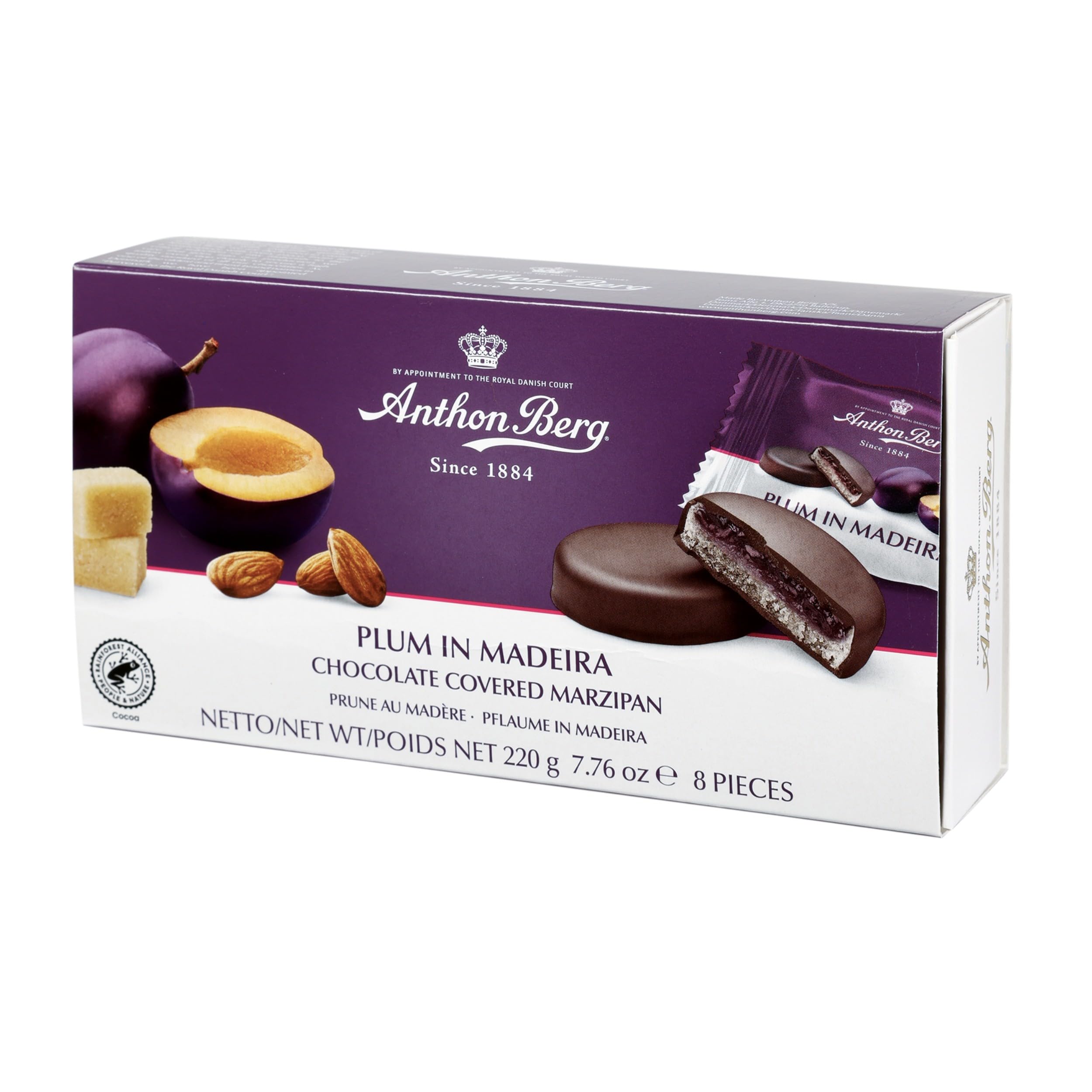 Anthon Berg Dark Chocolate Covered Marzipan Treats with Plum in Madeira 220g