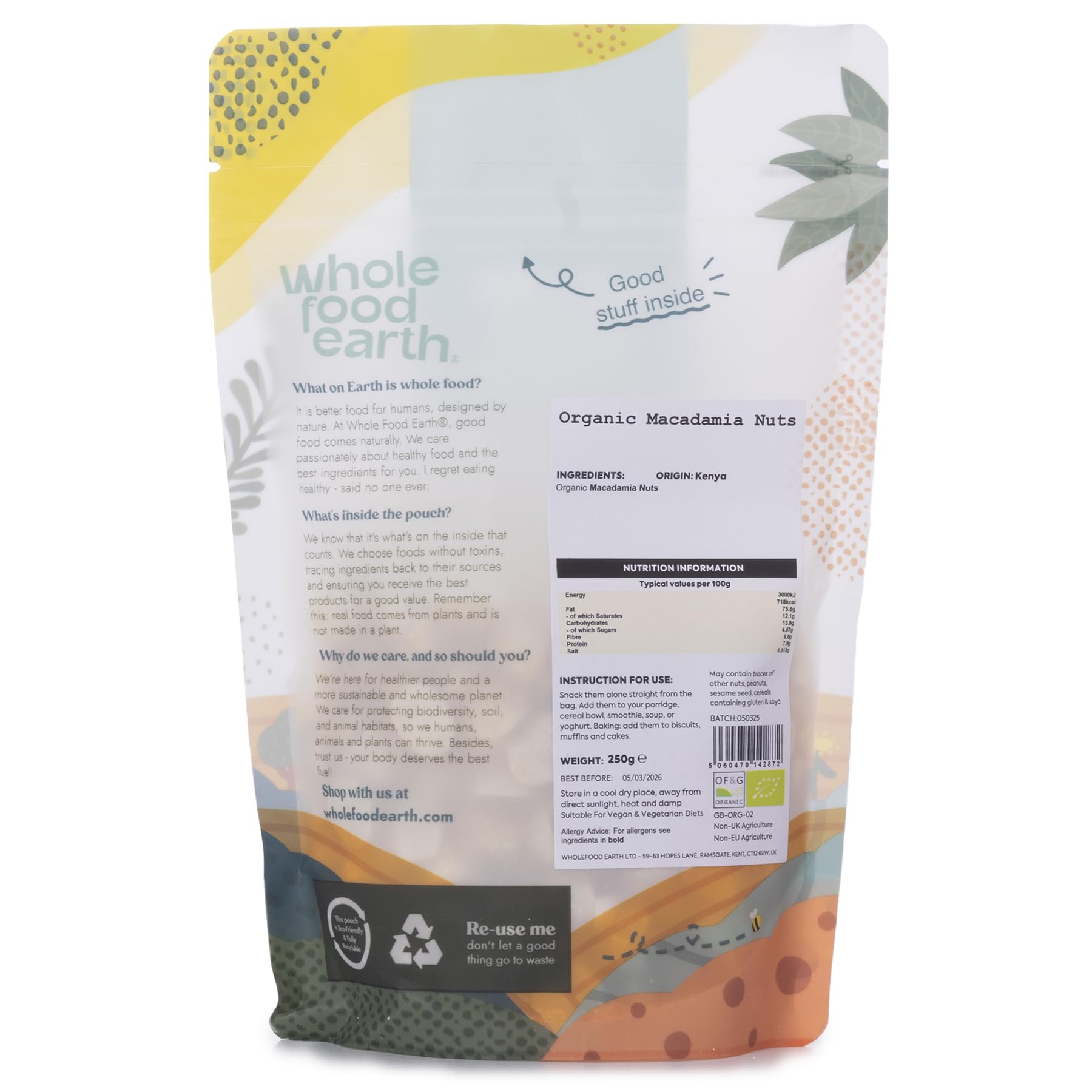 Wholefood Earth Organic Macadamia Nuts - Raw, GMO Free, Vegan | 250g