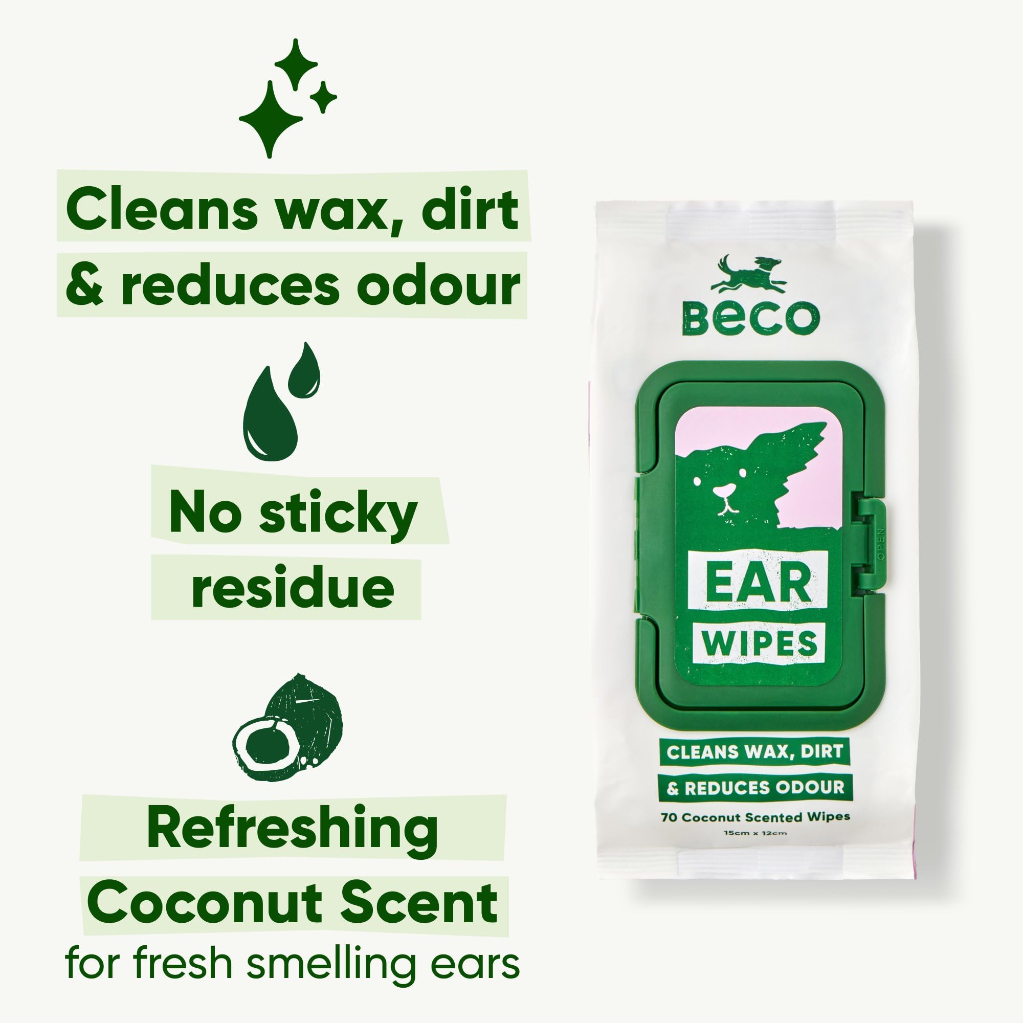 Beco Dog Ear Cleaner Wipes - 70 Count Pack for Ear Wax & Dirt Removal