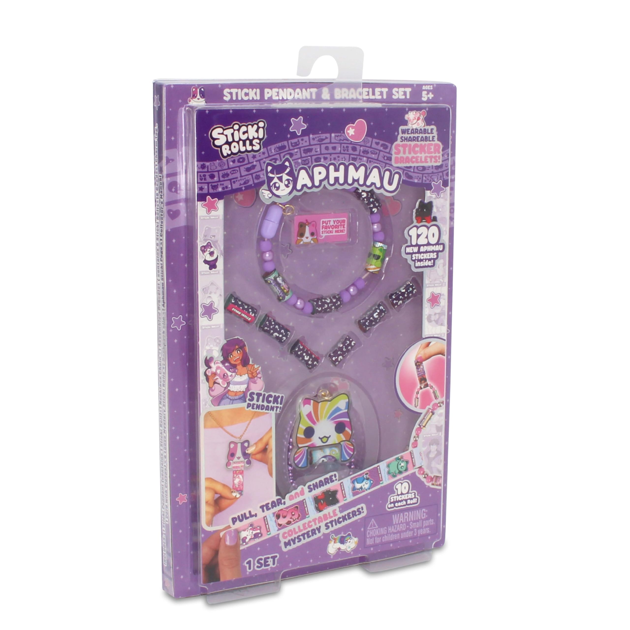 Sticki Rolls x Aphmau Pendant & Bracelet Set - Holographic Cat Sticker Dispenser with 120 Kawaii Foil Stickers