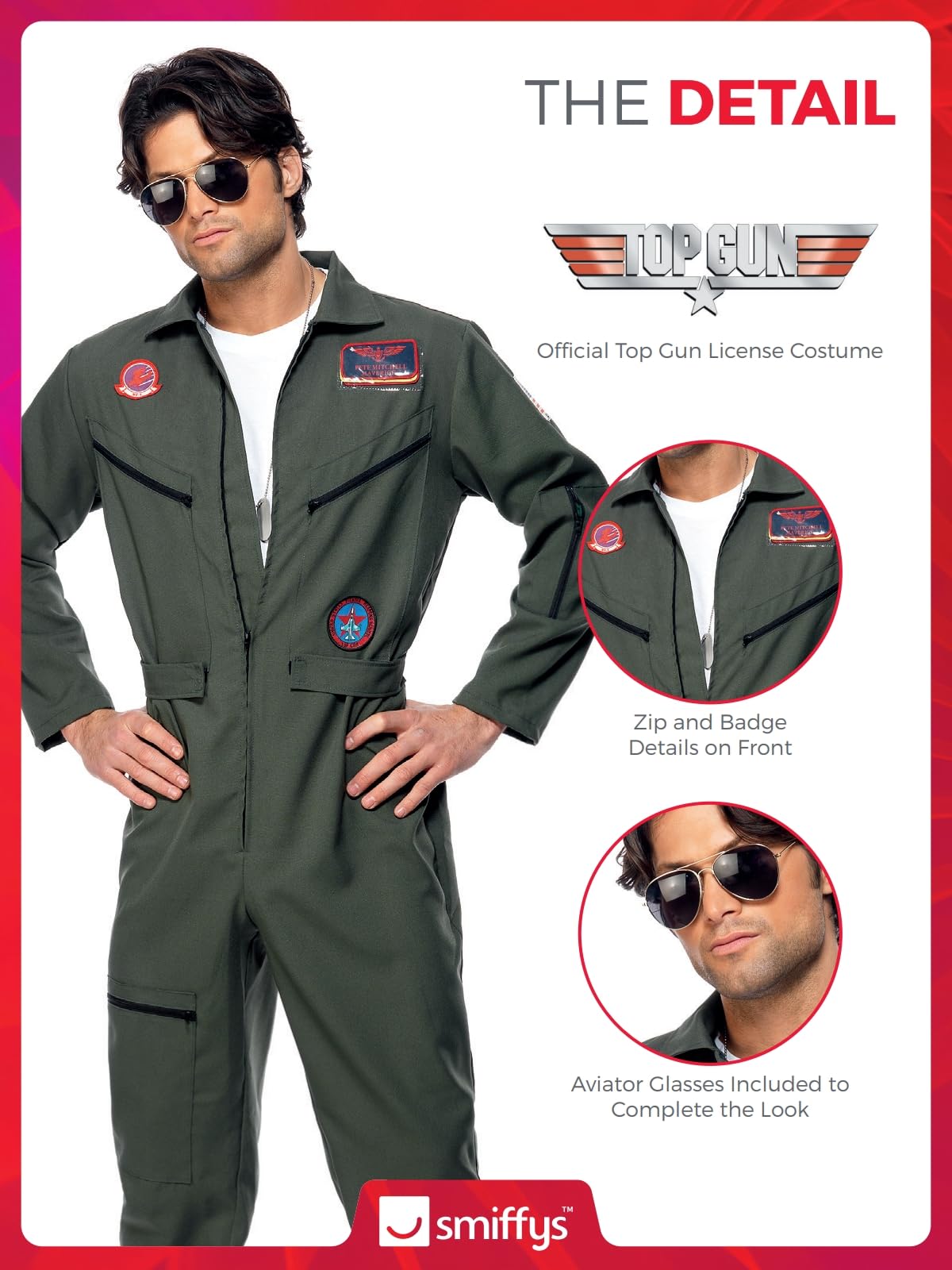 Smiffys Top Gun Costume - Adult Green Jumpsuit with Name Tags & Sunglasses 7