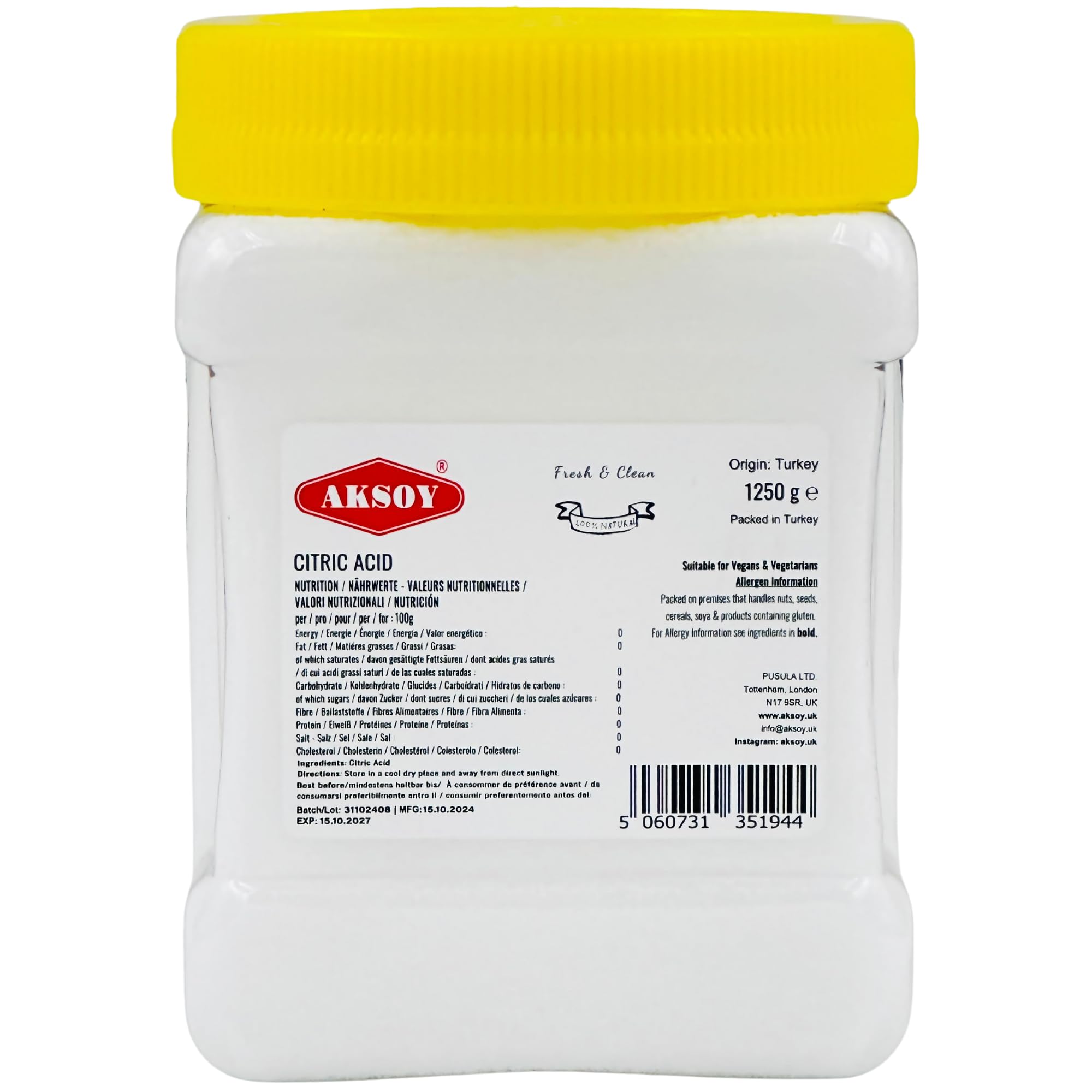 Aksoy - Citric Acid Food Grade 1.25kg | Non-GMO, Anhydrous, for Cleaning, Canning & Bath Bombs