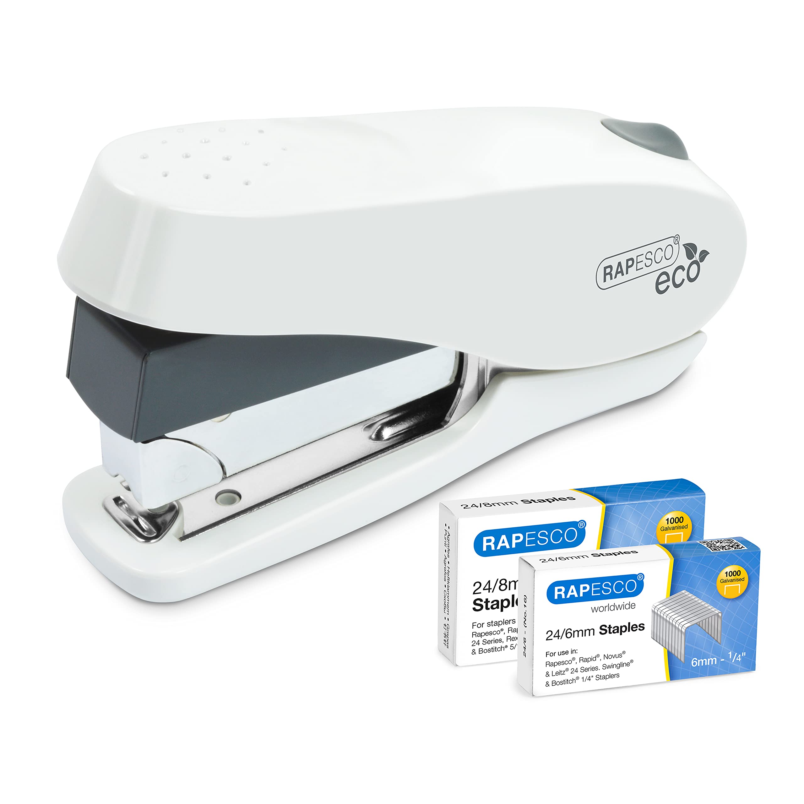 Rapesco 1467 ECO Luna Less Effort Stapler - 50 Sheet Capacity, Front Loading | Soft White