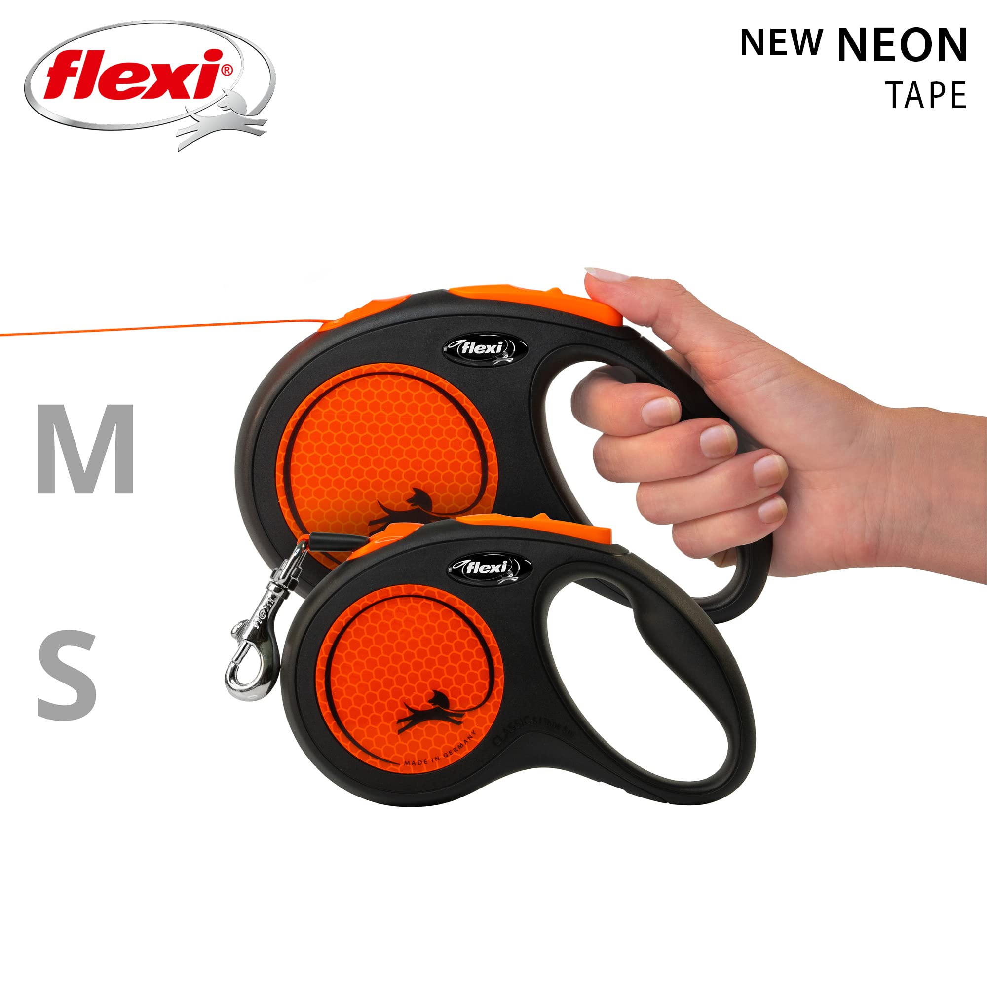 flexi Neon S Tape Retractable Dog Lead - 5m Length | Small Dogs | Black/Neon-Orange 6