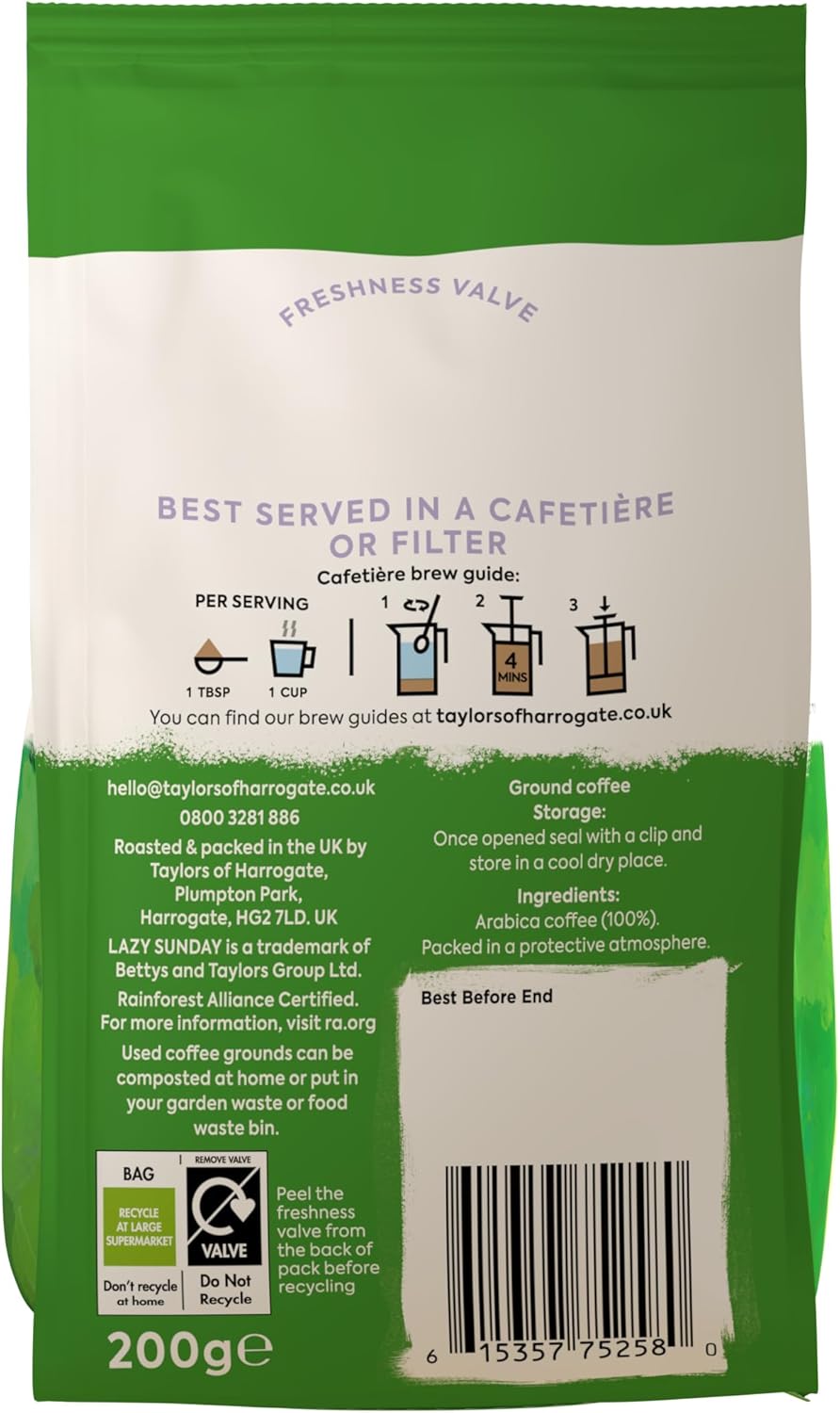 Taylors of Harrogate Lazy Sunday gemahlener Kaffee, 200 g (6er-Pack) – 1,2 kg insgesamt 3