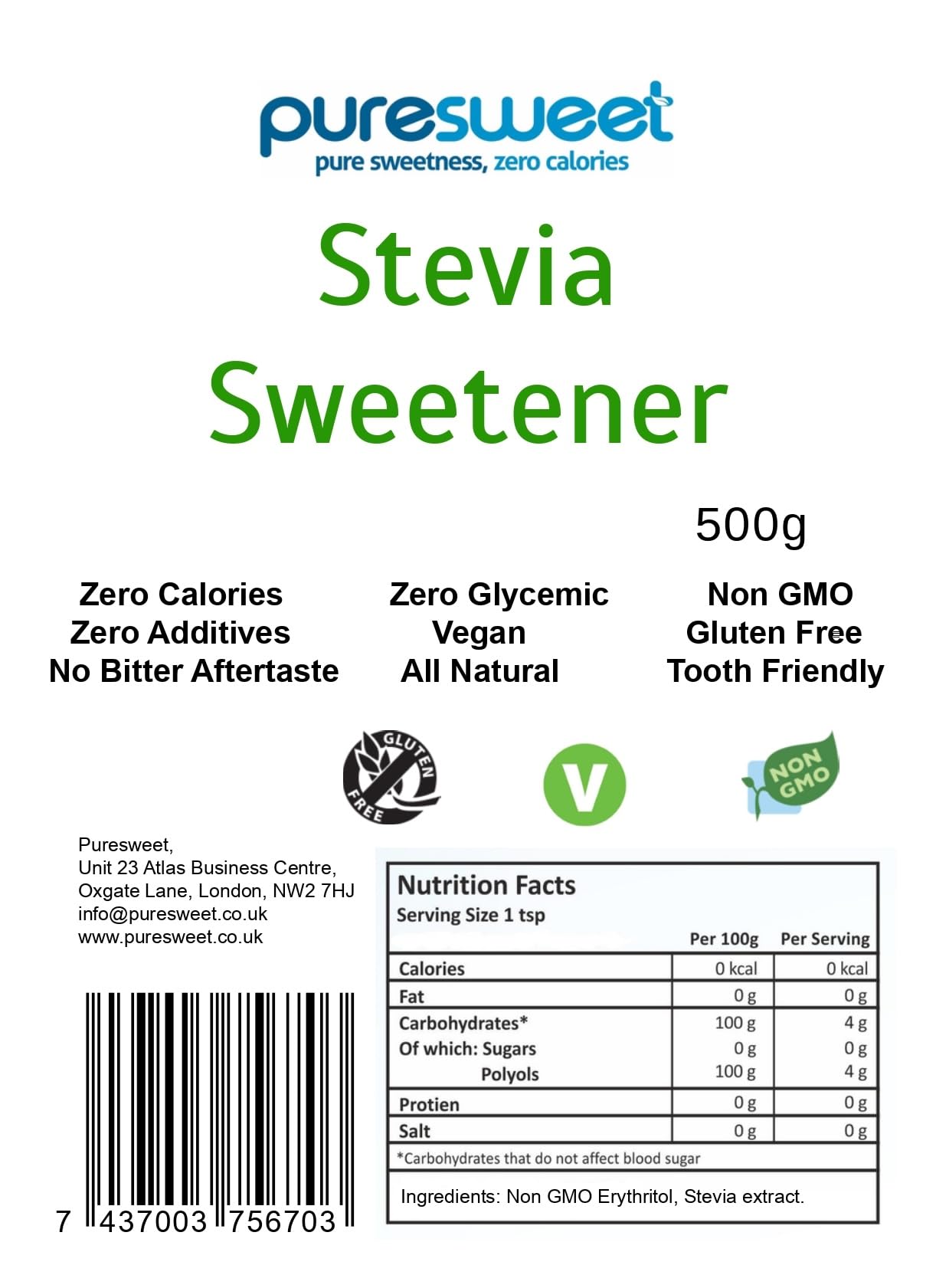 Puresweet® Premium Stevia Sweetener 500g - Tastes Like Sugar, No Bitter Aftertaste, Diabetic Friendly