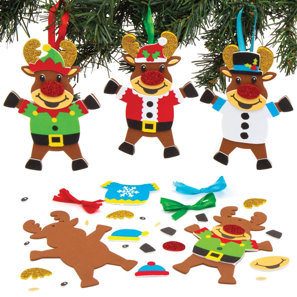 Baker Ross Reindeer Christmas Sweater Ornament Kits - Pack of 6, Glue-Free DIY Craft for Kids