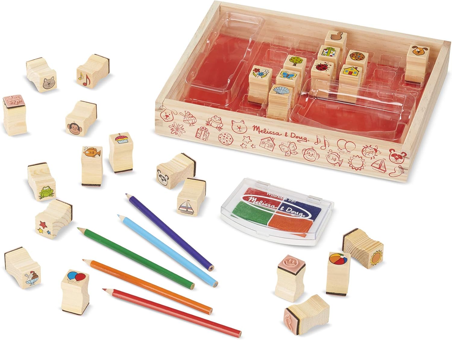Melissa & Doug Favourite Things Stamp Set - 32-Piece Wooden Stamp Kit with Colored Pencils & Washable Ink Pad for Kids 4+ 5