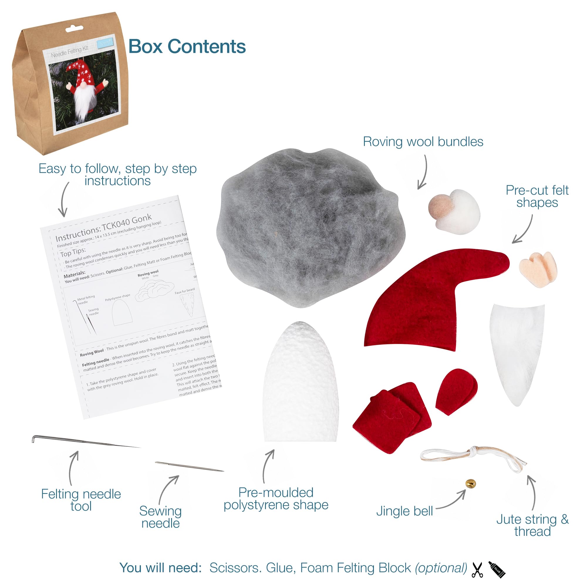 Trimits Needle Felting Craft Kit - Gonk Christmas Design with Wool, Needle & Instructions 4