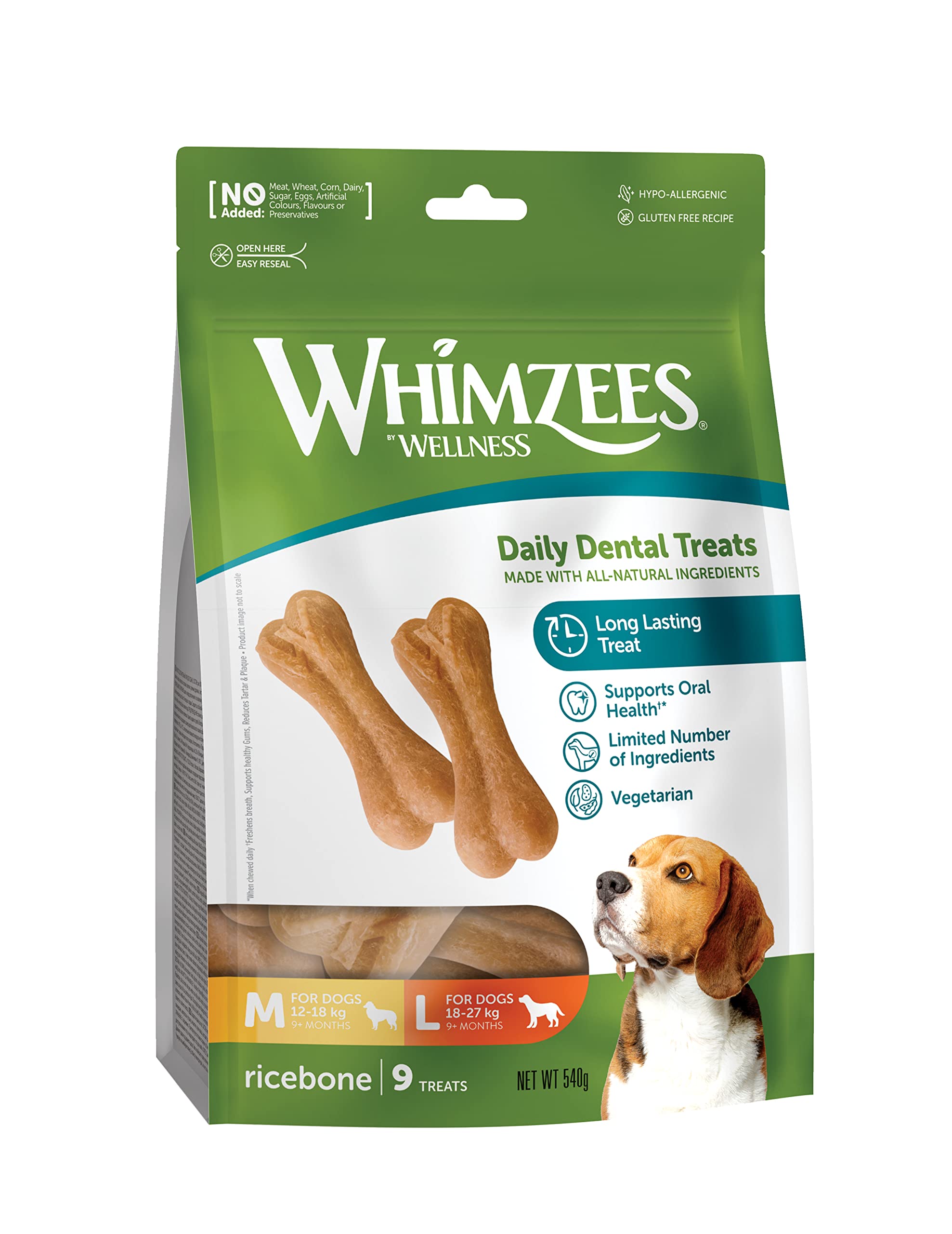 WHIMZEES Rice Bone Dental Sticks - Medium/Large Dogs (9 Count) | Grain Free, Vegetarian, Rawhide-Free