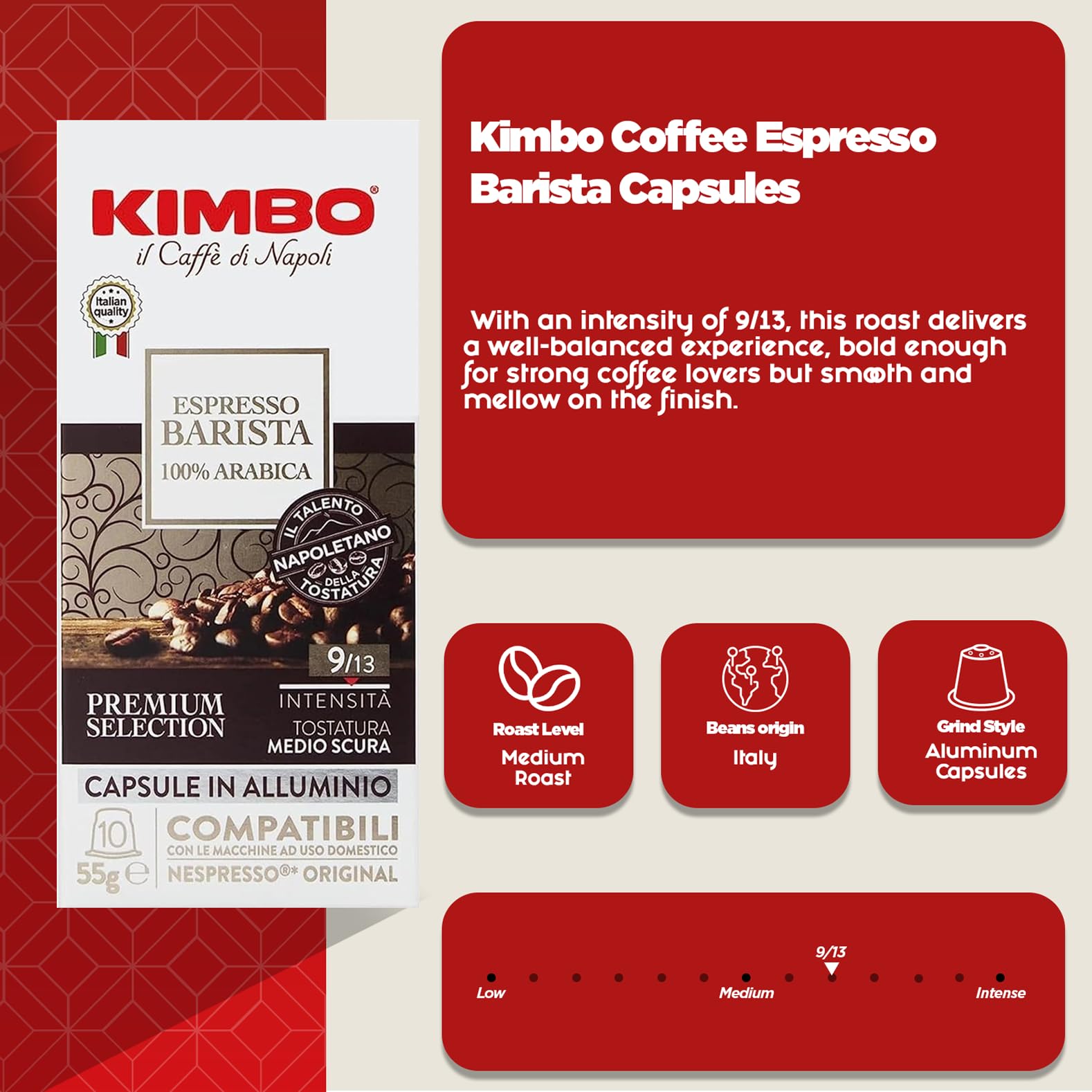 Kimbo Espresso Barista Capsules - Nespresso Compatible | 100% Arabica | Intensity 9/13 | 10 Count