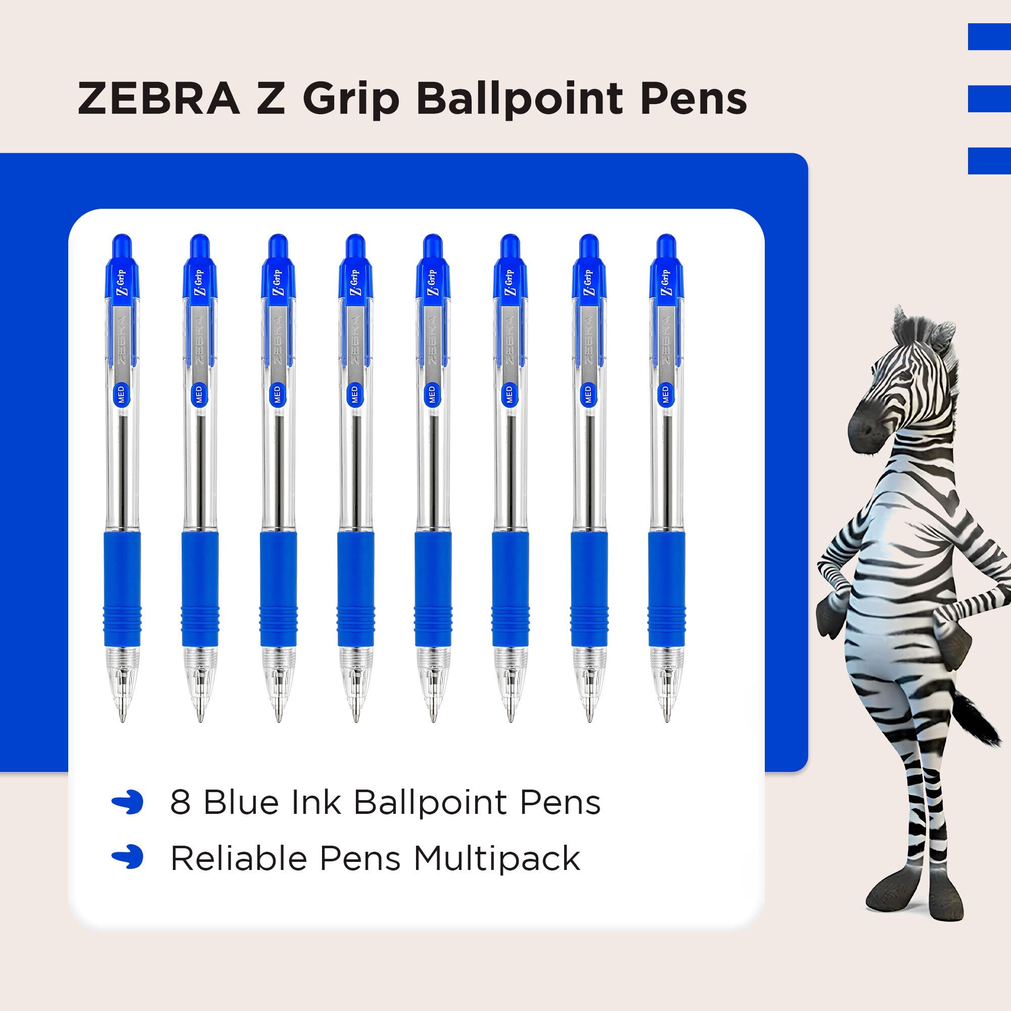 Zebra Pen Z Grip Retractable Ballpoint Pens - Blue Ink, Comfort Grip, Pocket Clip | 8 Pack