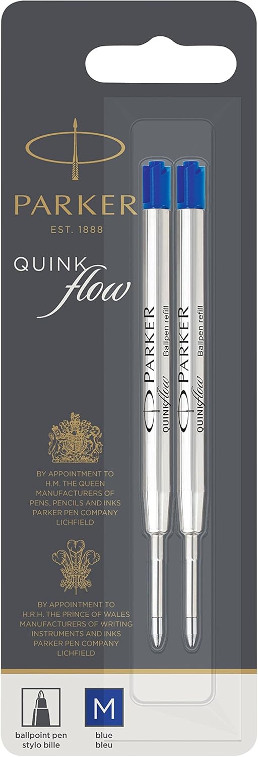 PARKER QUINKflow Ballpoint Pen Ink Refill, Medium Tip, Blue, 2 Pack