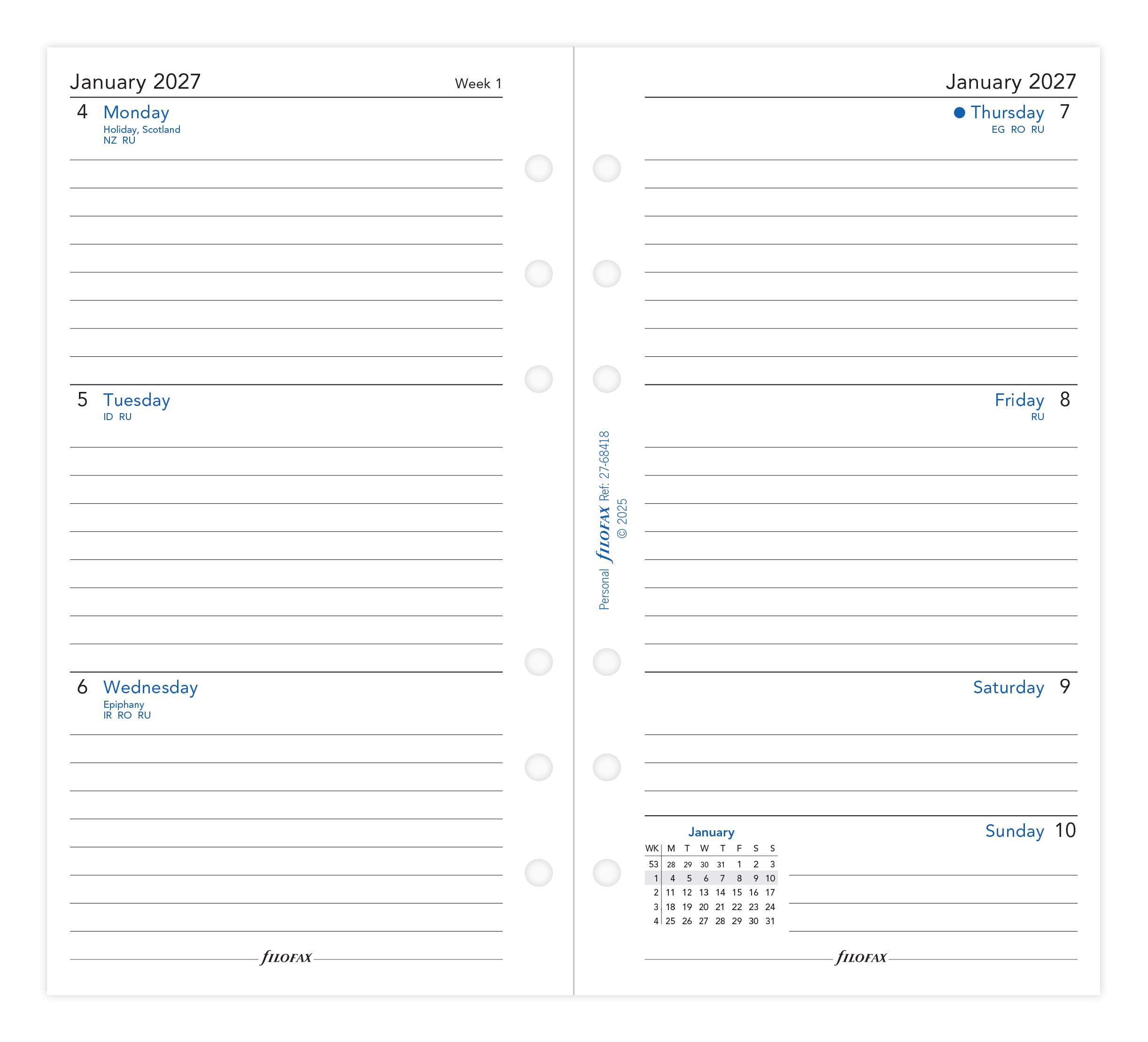 Filofax Personal Organiser Refill - 2027 Diary Week on Two Pages Lined | 95mm x 171mm