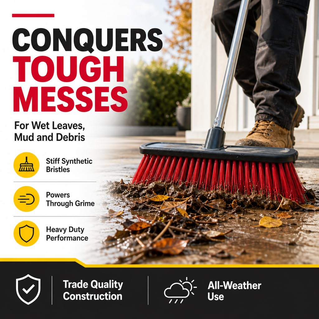 Fit For The Job Heavy-Duty Outdoor Broom - Synthetic Fibre, 4-Part Aluminium Handle, Red/Black