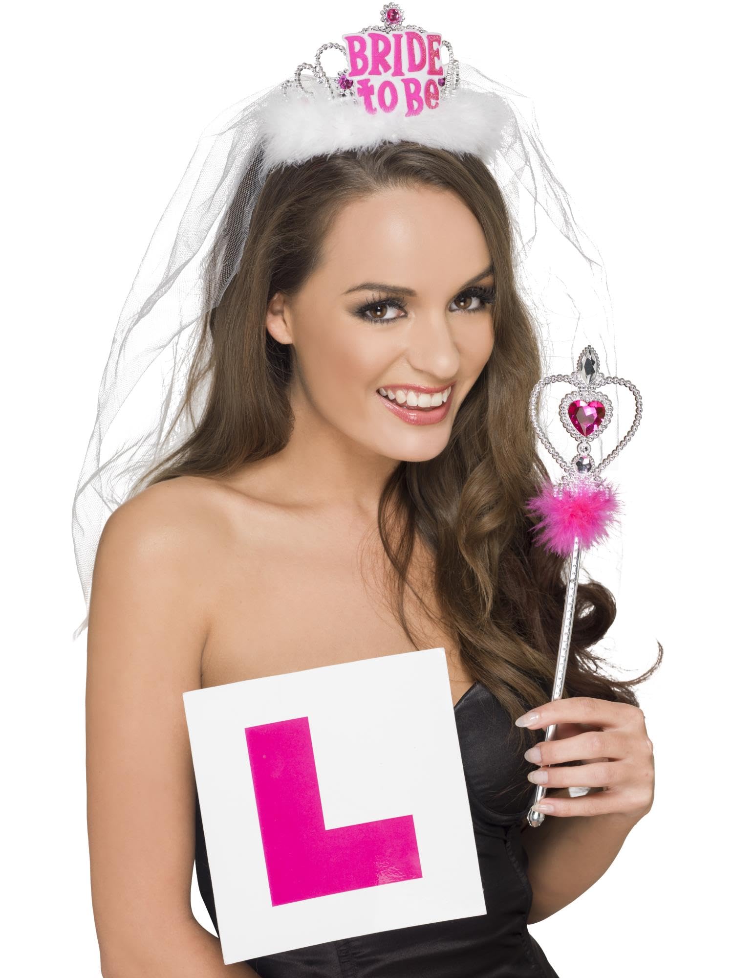 Smiffys Hen Party Kit, Pink & White with Bride to Be Tiara & Veil, L Plate Badge & Wan, Hen & Stag Night Fancy Dress, Hen Party Dress Up Hen & stag / adult items