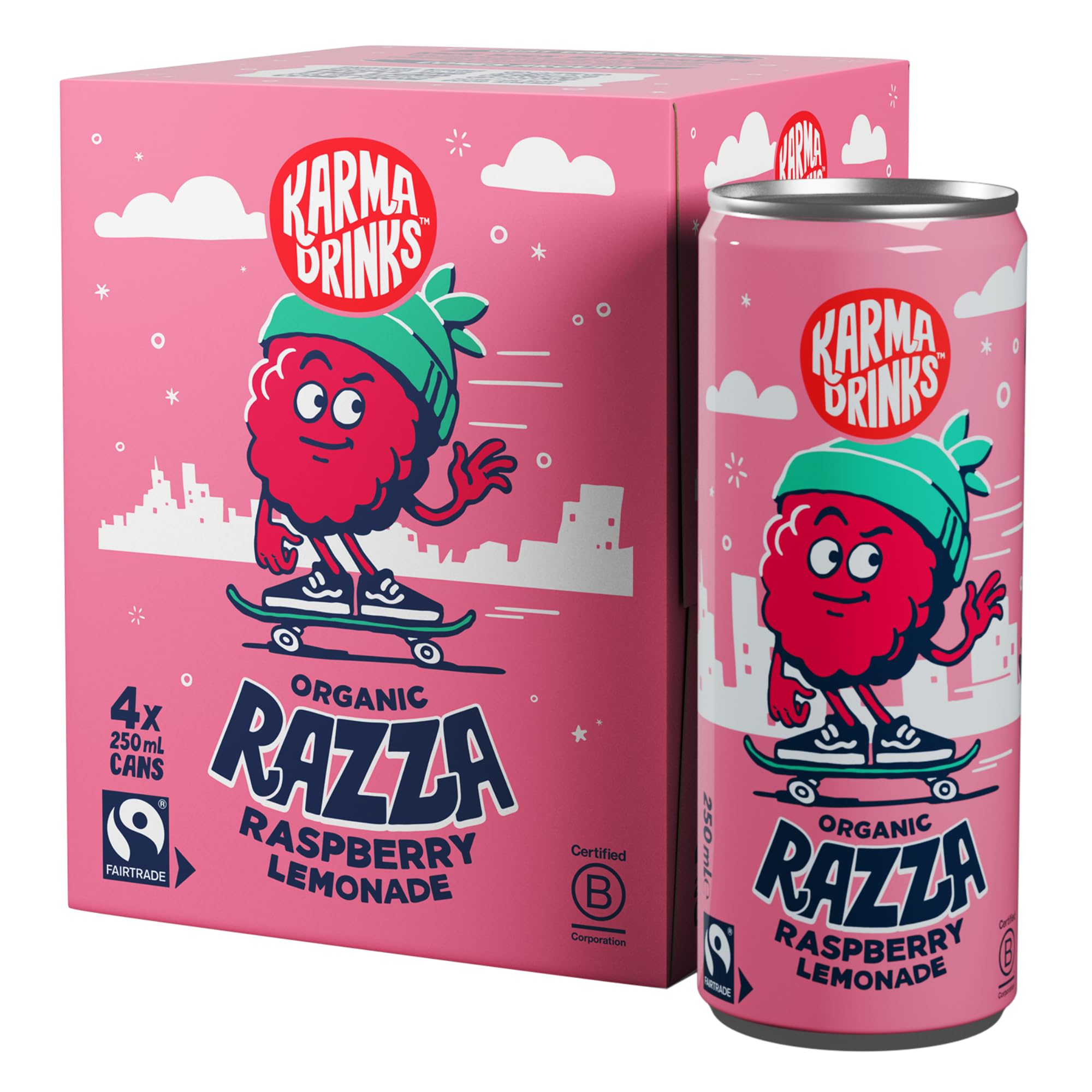 KARMA DRINKS Razza Raspberry Lemonade - Organic Gluten-Free Sparkling Drink (250ml x 4 Cans)
