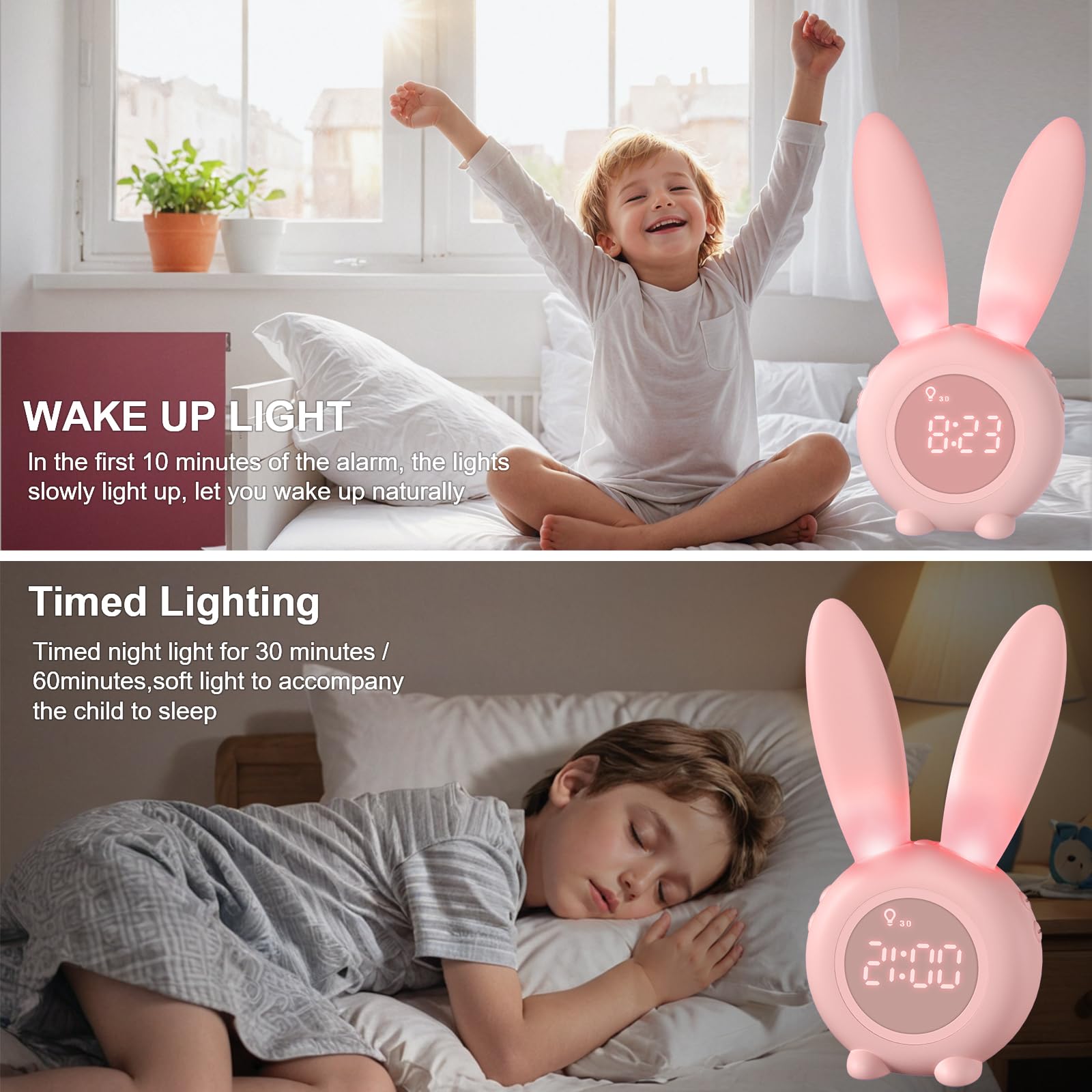 Homealexa Kids Digital Alarm Clock - Rabbit LED Wake-Up Light with Snooze & Night Light 7