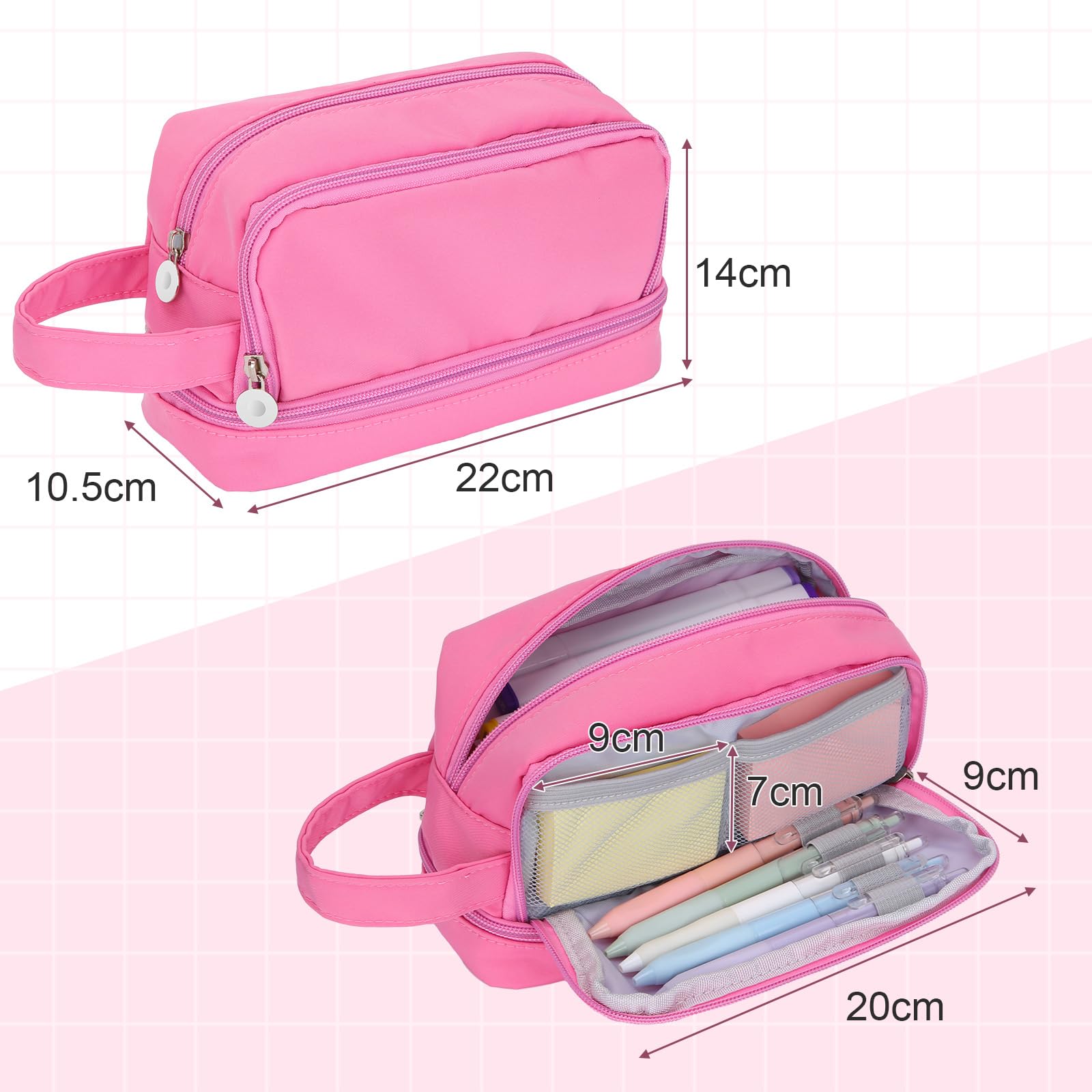 Alyvisun Large Capacity Pencil Case - 3 Compartments, Pink Canvas, Zipper Closure | One Size 7