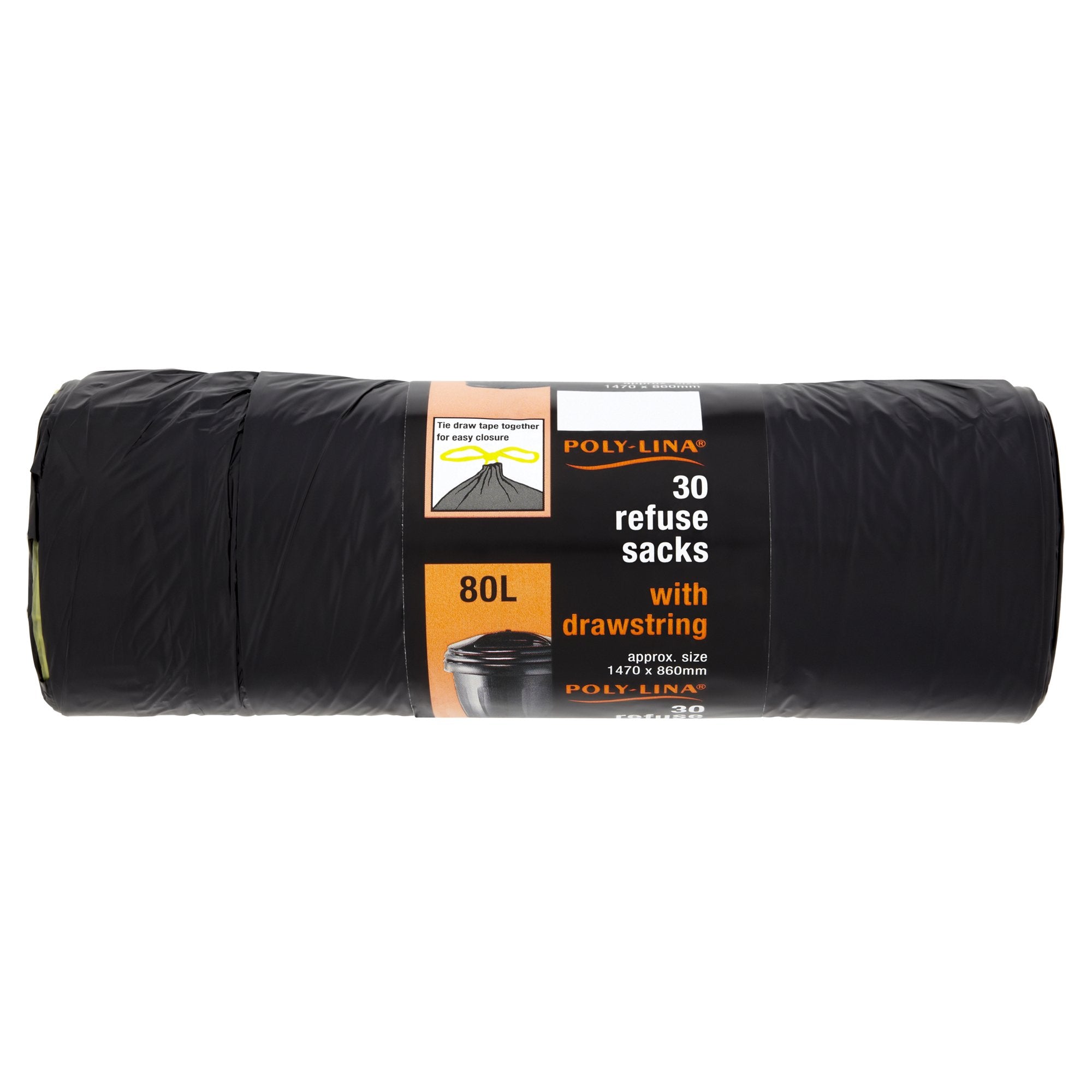Polylina 80 Litre Drawstring Black Bin Bags - 30 Pack, Recycled Plastic Refuse Sacks