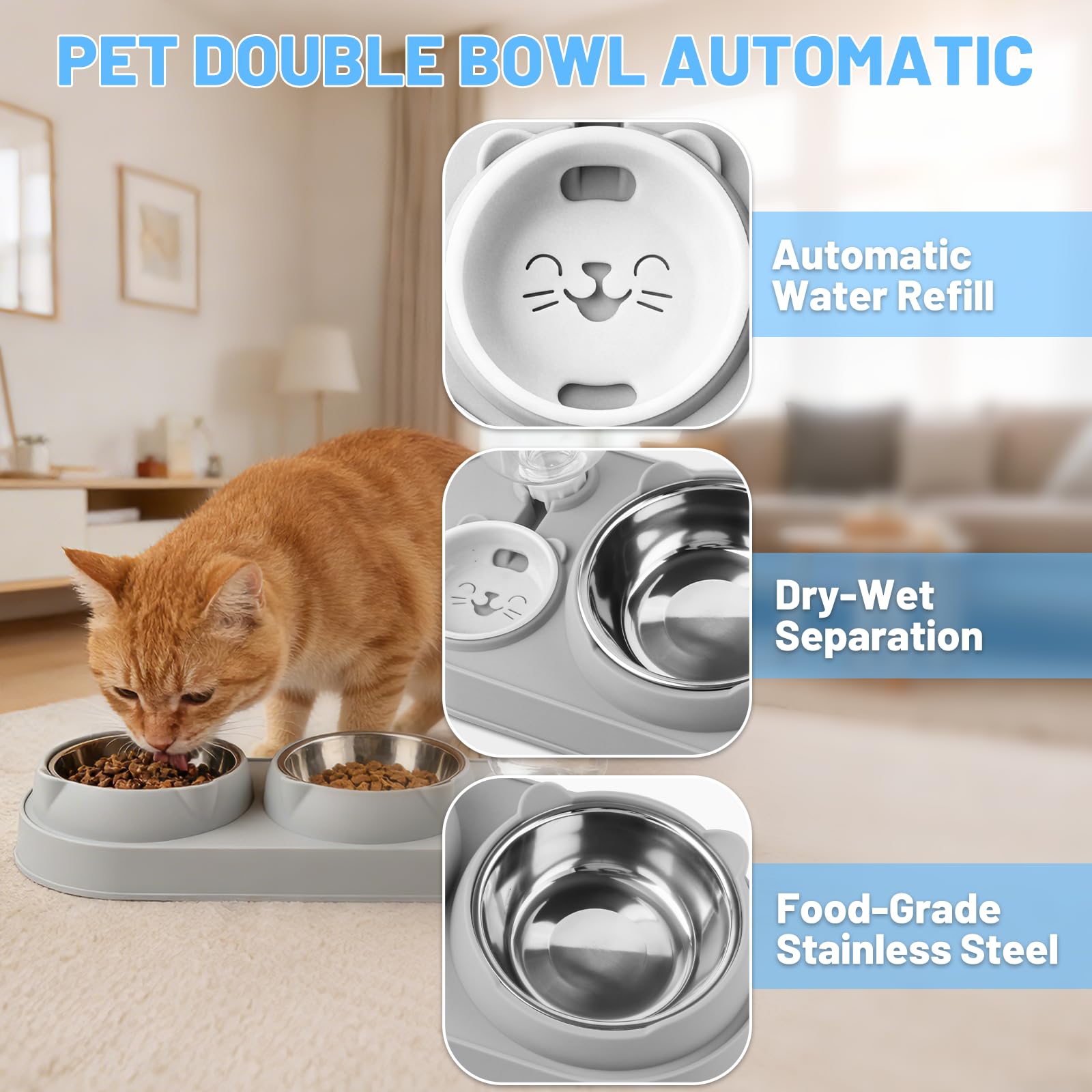 MOXYOY 3-in-1 Raised Cat Food and Water Bowl Set with Automatic Water Replenishment | Grey 4