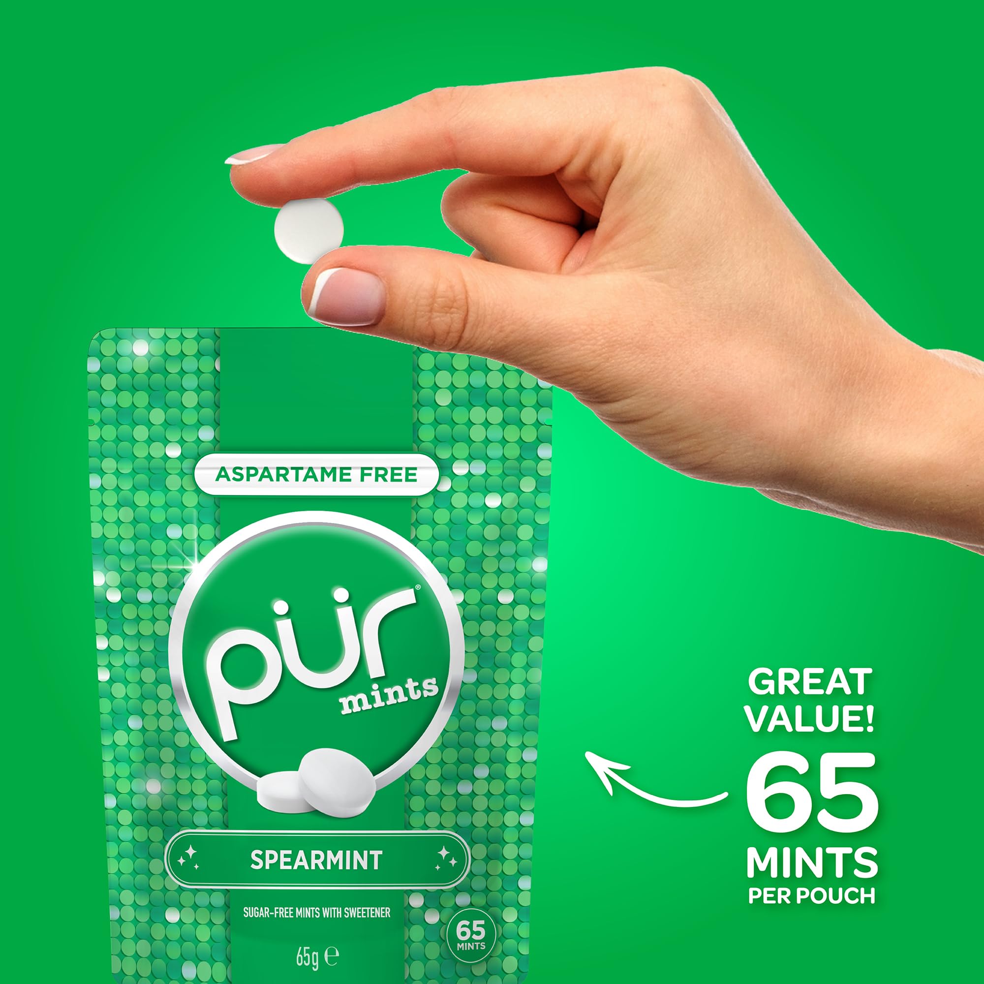 PUR Mints Spearmint - Sugar Free, Aspartame Free, Xylitol Sweetened | 65 Count