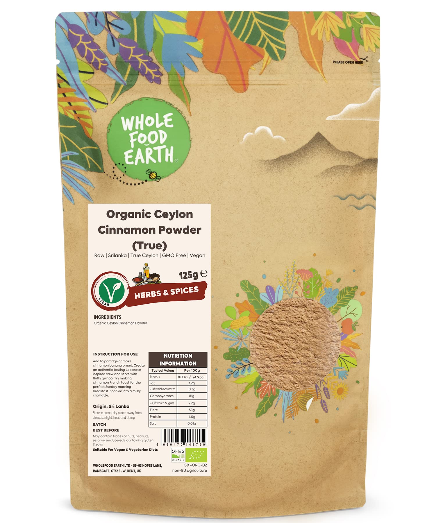 Wholefood Earth Bio-Ceylon-Zimtpulver (echt) 125 g roh aus Sri Lanka