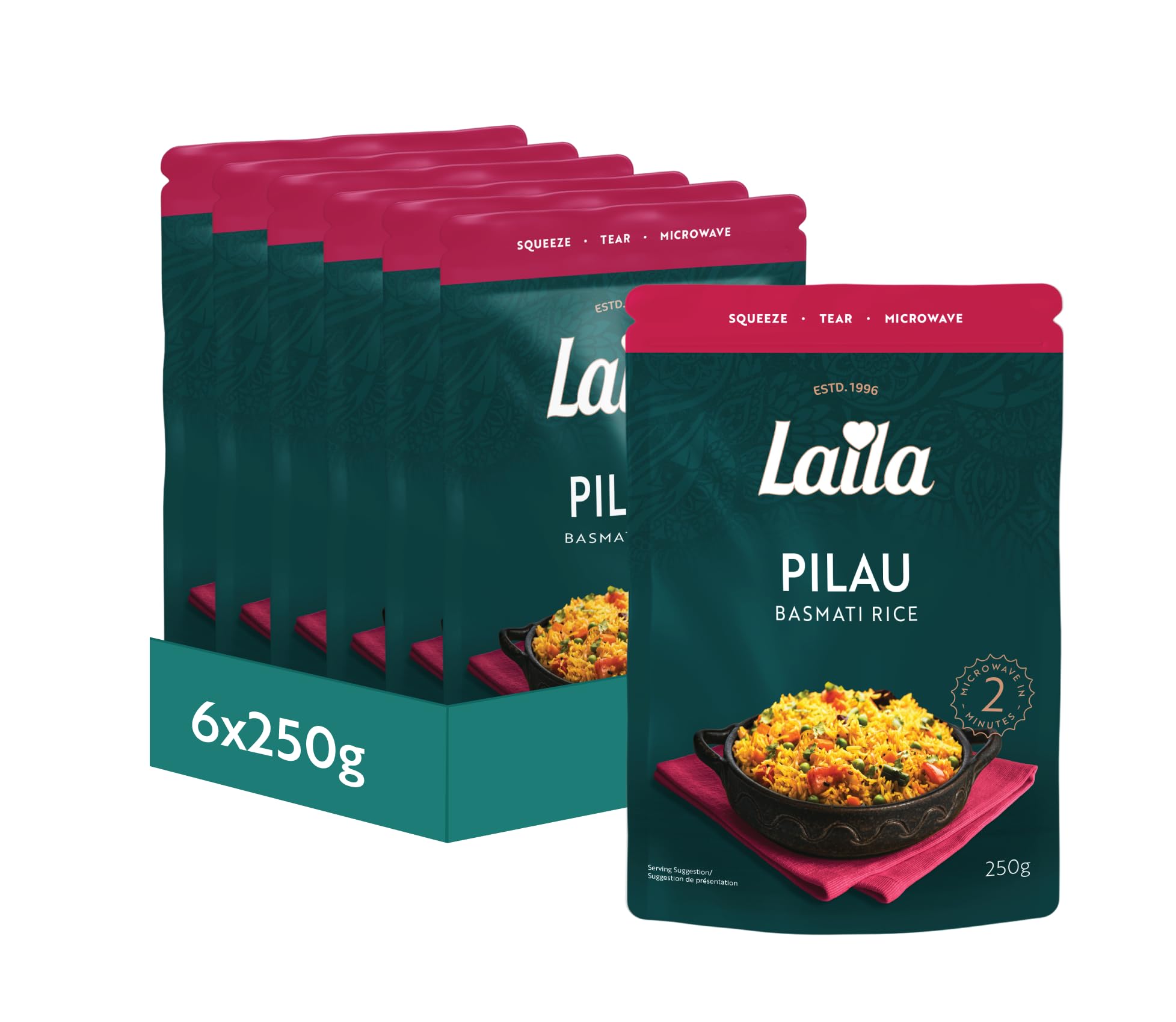 LAILA Pilau Microwave Rice - 6 x 250g Packs | Fluffy Basmati with Aromatic Spices