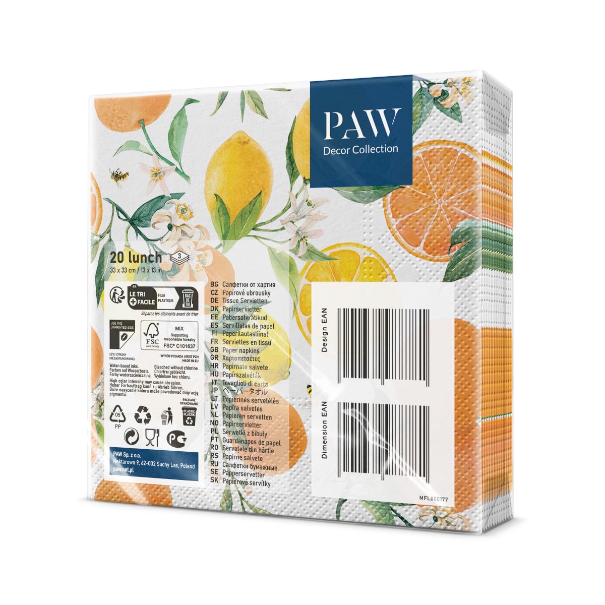 PAW Decor Collection 3-Ply Napkins - Citrus with Bees Design | 33 x 33 cm | 20 Count