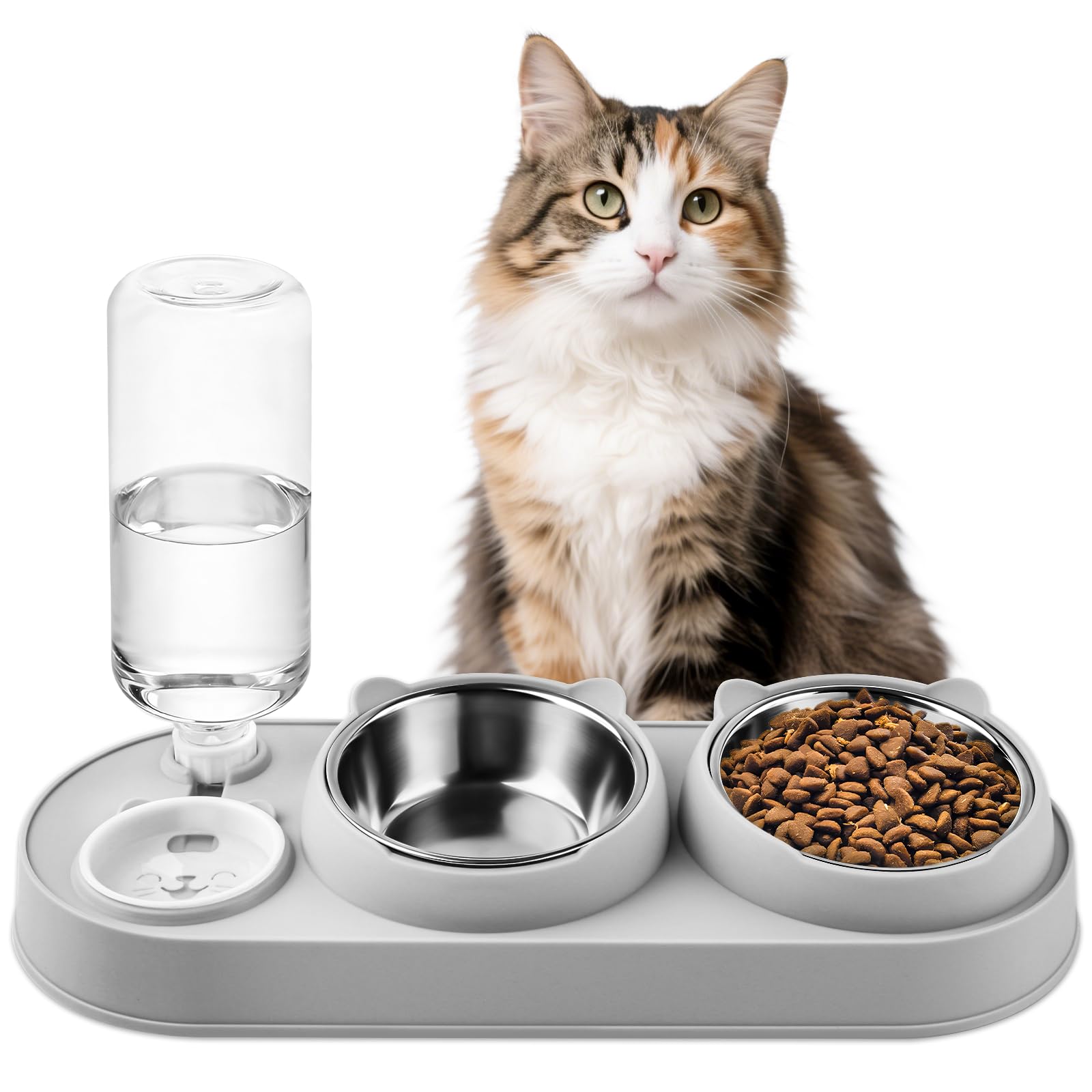 MOXYOY 3-in-1 Raised Cat Food and Water Bowl Set with Automatic Water Replenishment | Grey