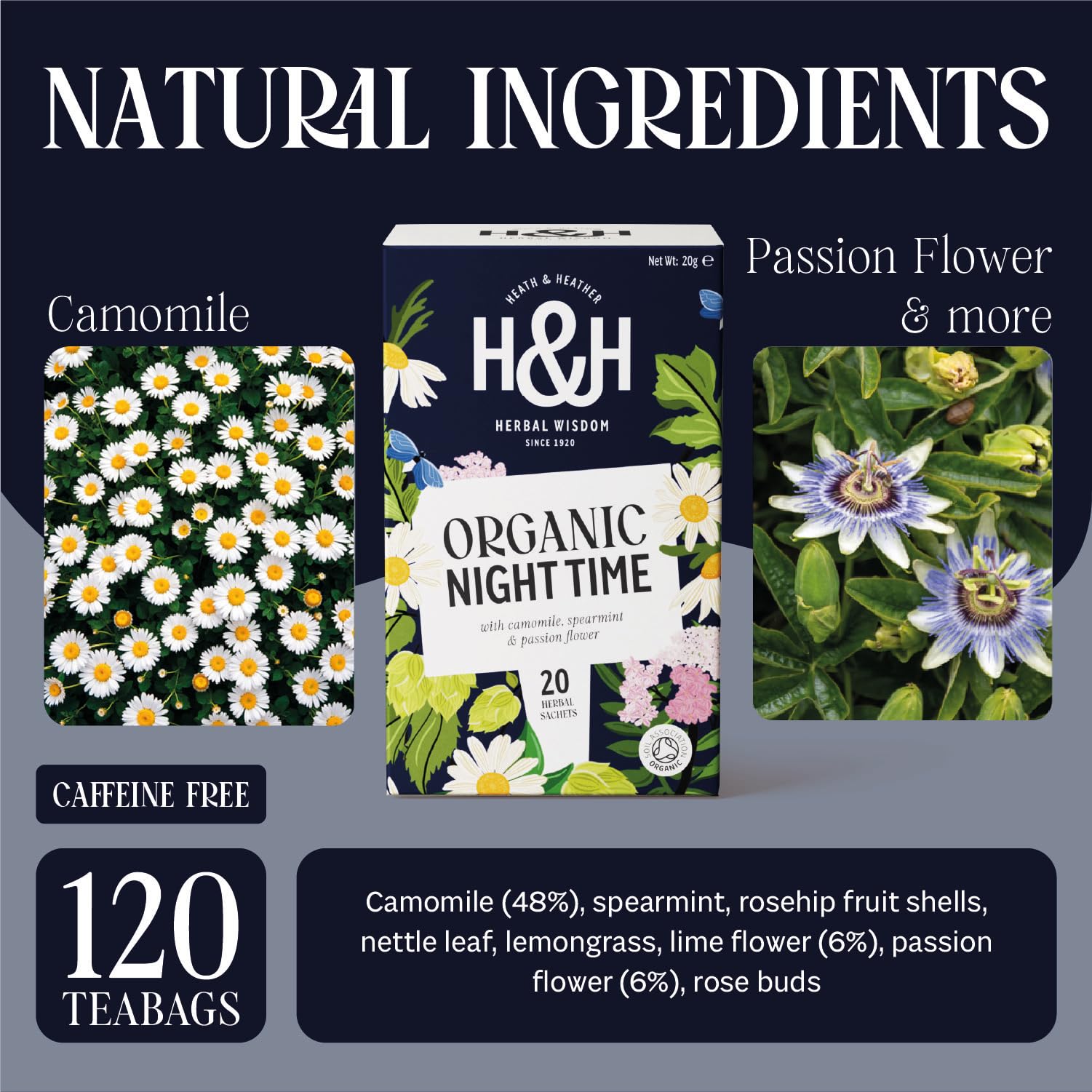 Heath & Heather Organic Soft & Sleepy Night Time Herbal Tea Bags - 6 Packs of 20 Count | Caffeine-Free