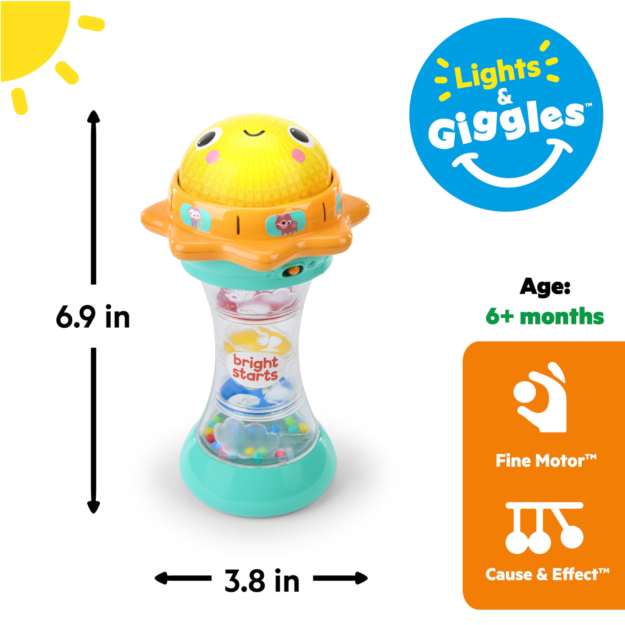 Bright Starts Just for Sun Flashlight Toy - Lights, Animal Sounds & Rattle Beads for Babies 6M+ 16