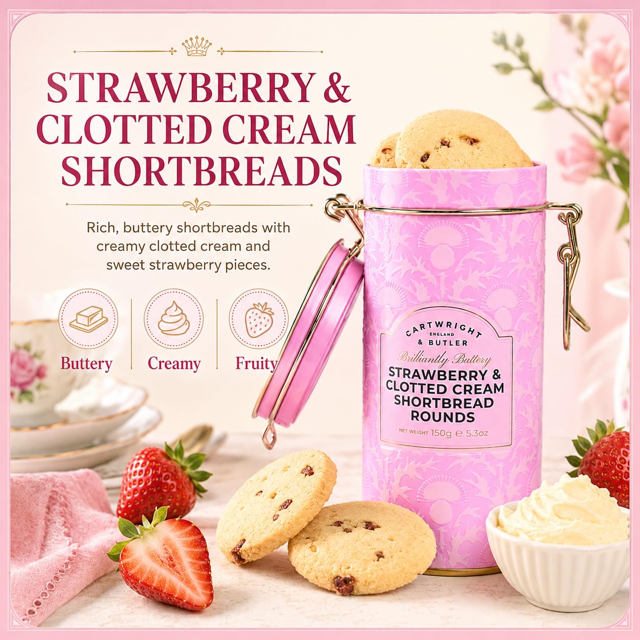 Cartwright & Butler Strawberry & Clotted Cream Shortbread Tin - 150g