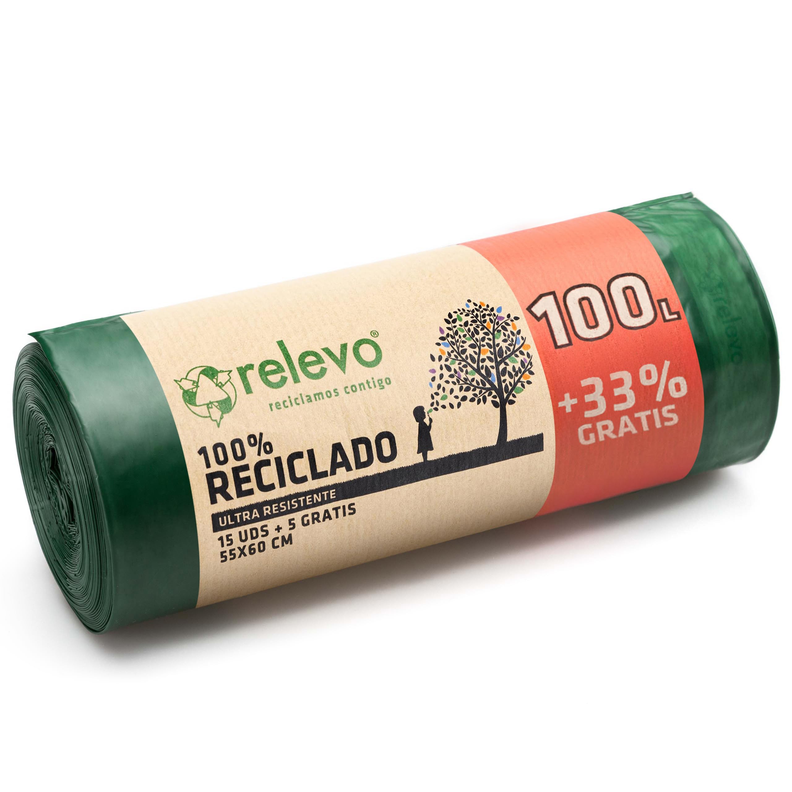 Relevo Large Bin Bags 100L - 100% Recycled Material | Drawstring Closure | 13 Count