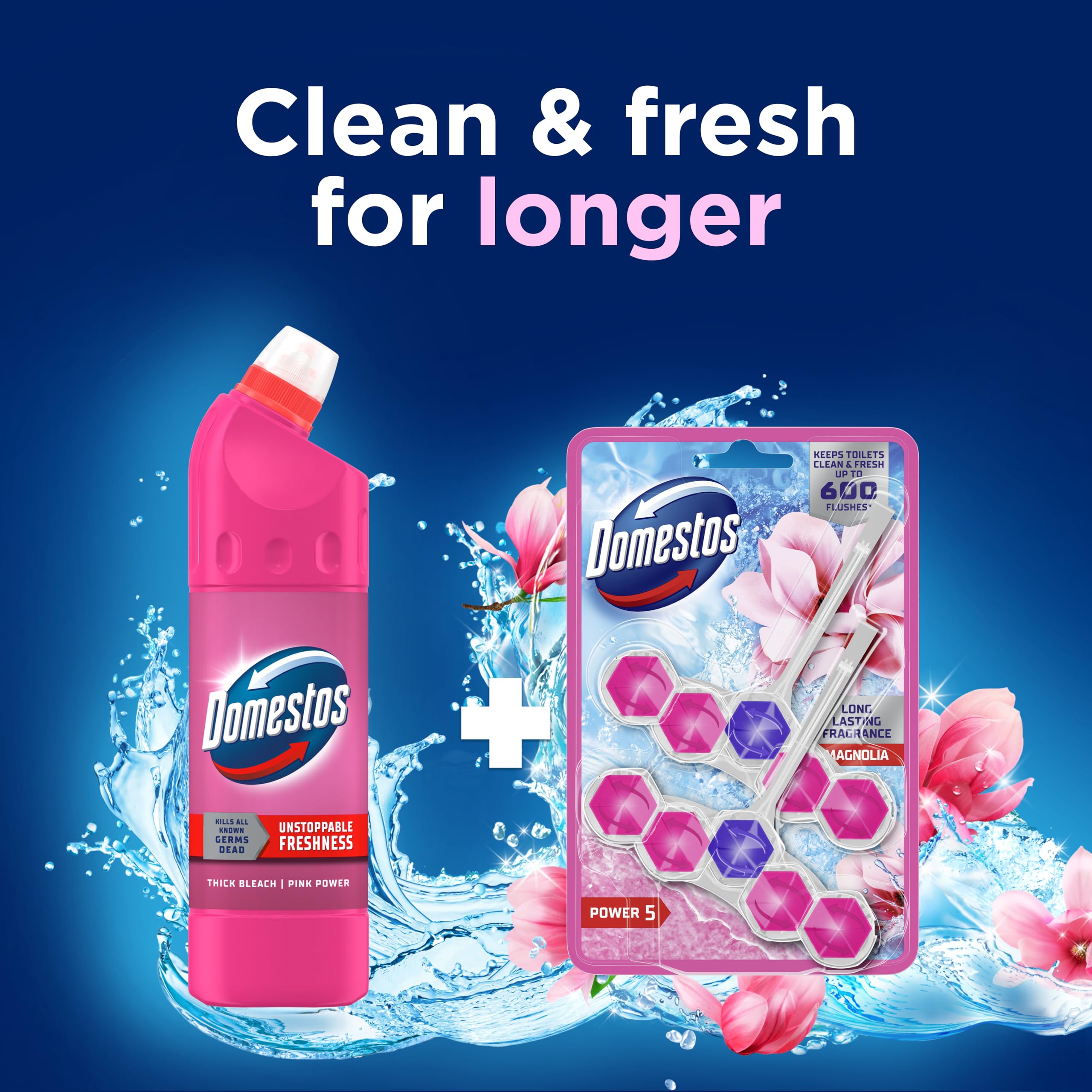 Domestos Power 5 Toilet Rim Blocks Magnolia - 2 Count (50g Each) | Limescale Prevention & Rich Foam