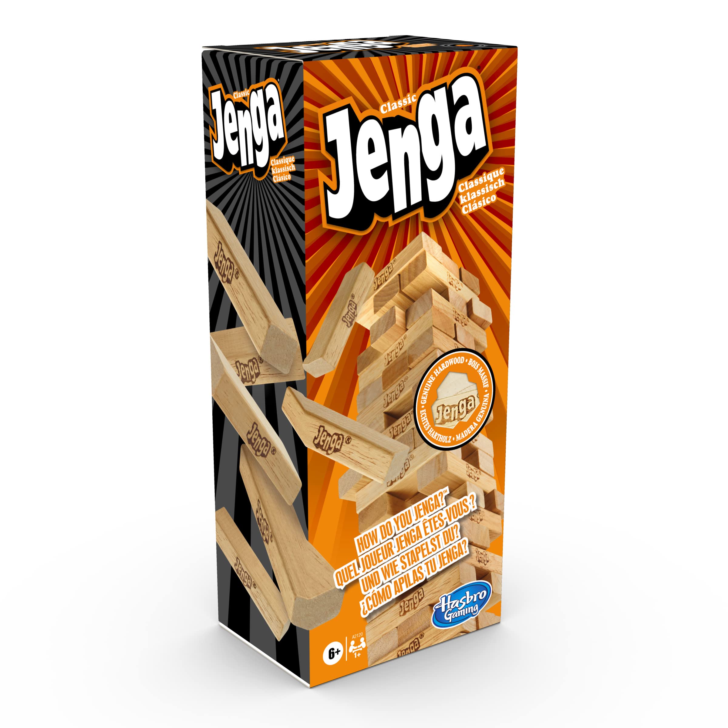 Hasbro Gaming Jenga Classic Stacking Game, Outdoor Family Fun for Kids Ages 6+, 54 Wooden Blocks with Stacking Sleeve