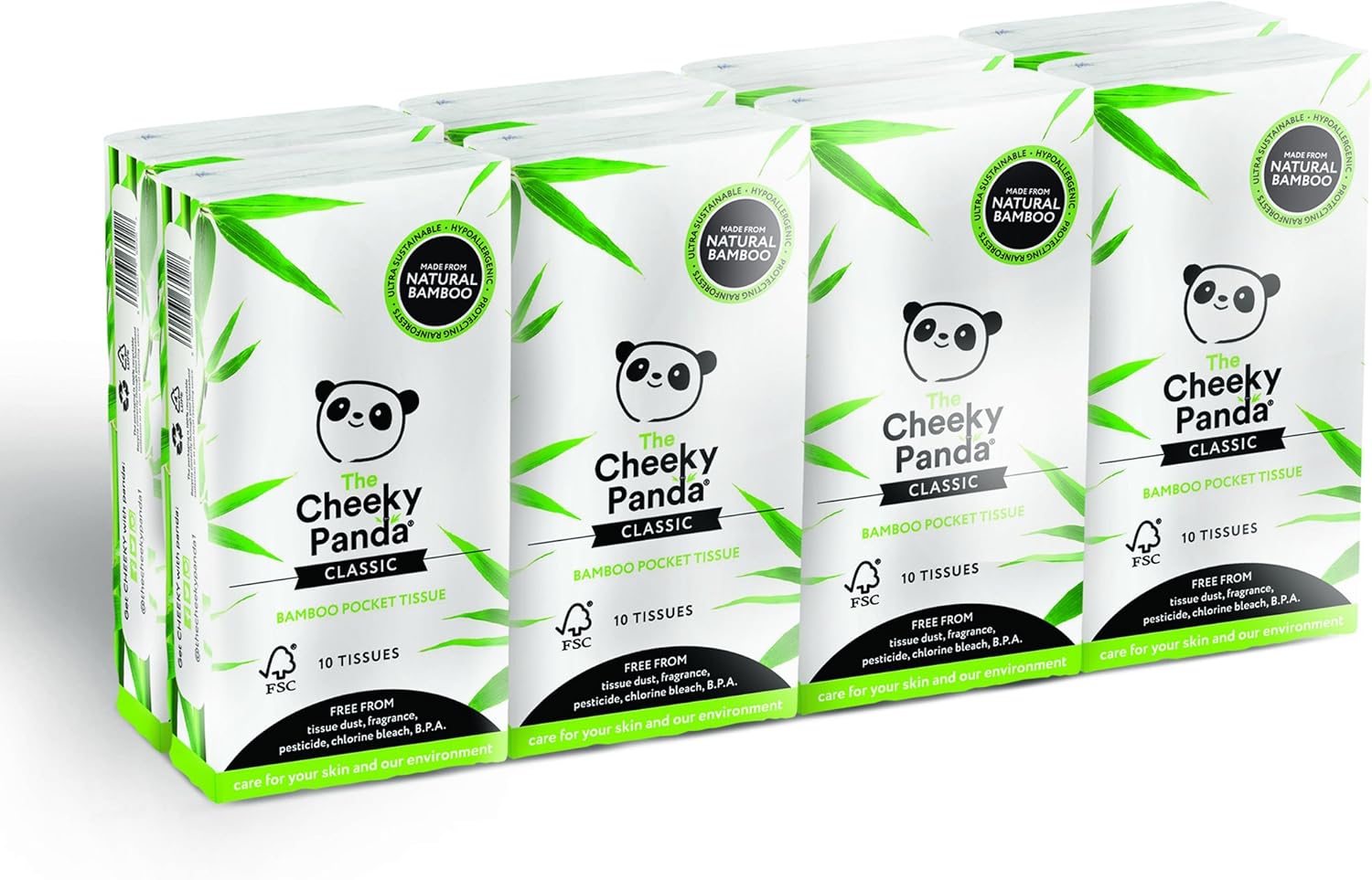 The Cheeky Panda - Bamboo Pocket Tissues 8-Pack | 3-Ply Hypoallergenic Travel Tissues