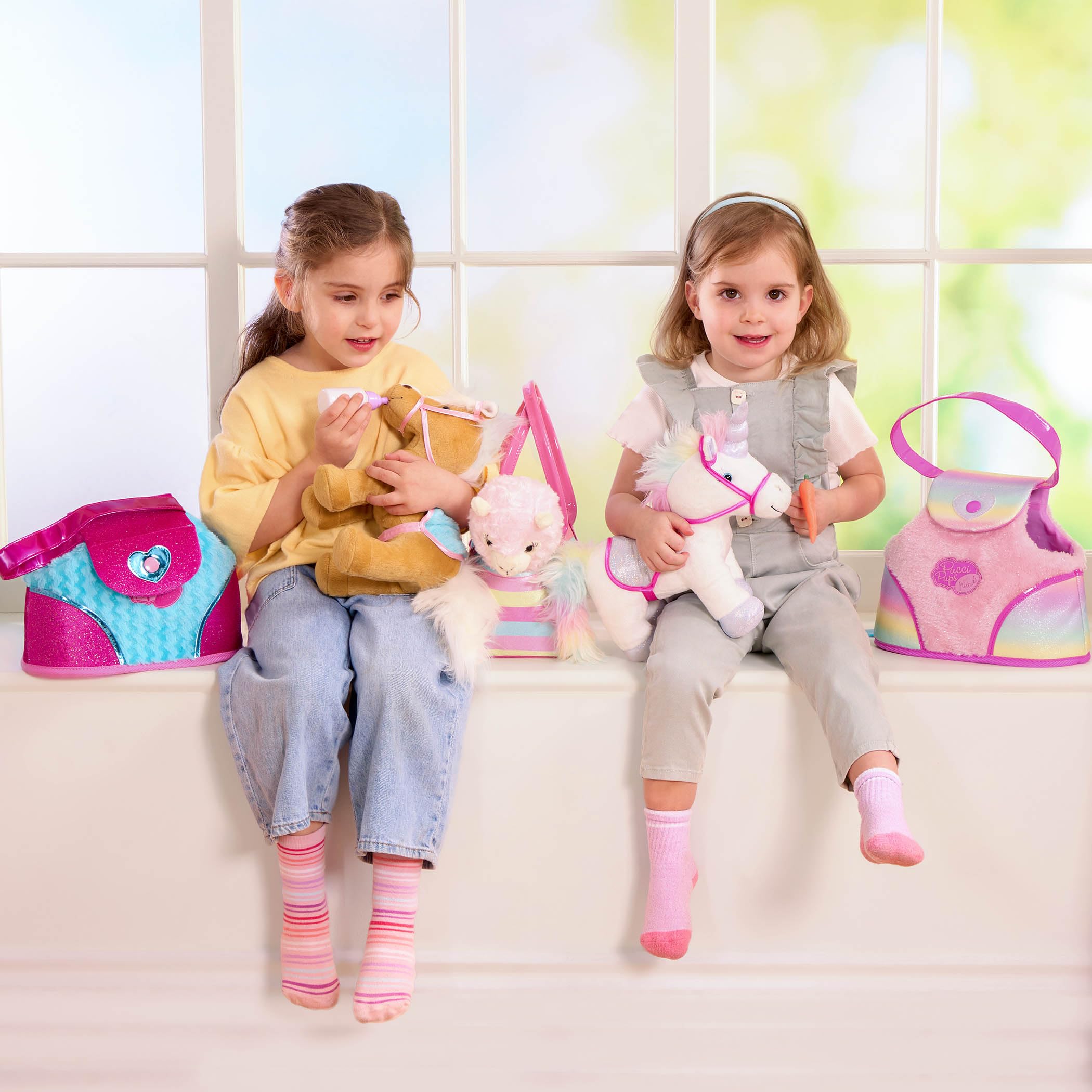 Pucci Pups Beige Horse with Blue Stripes and Pink Pony Bag