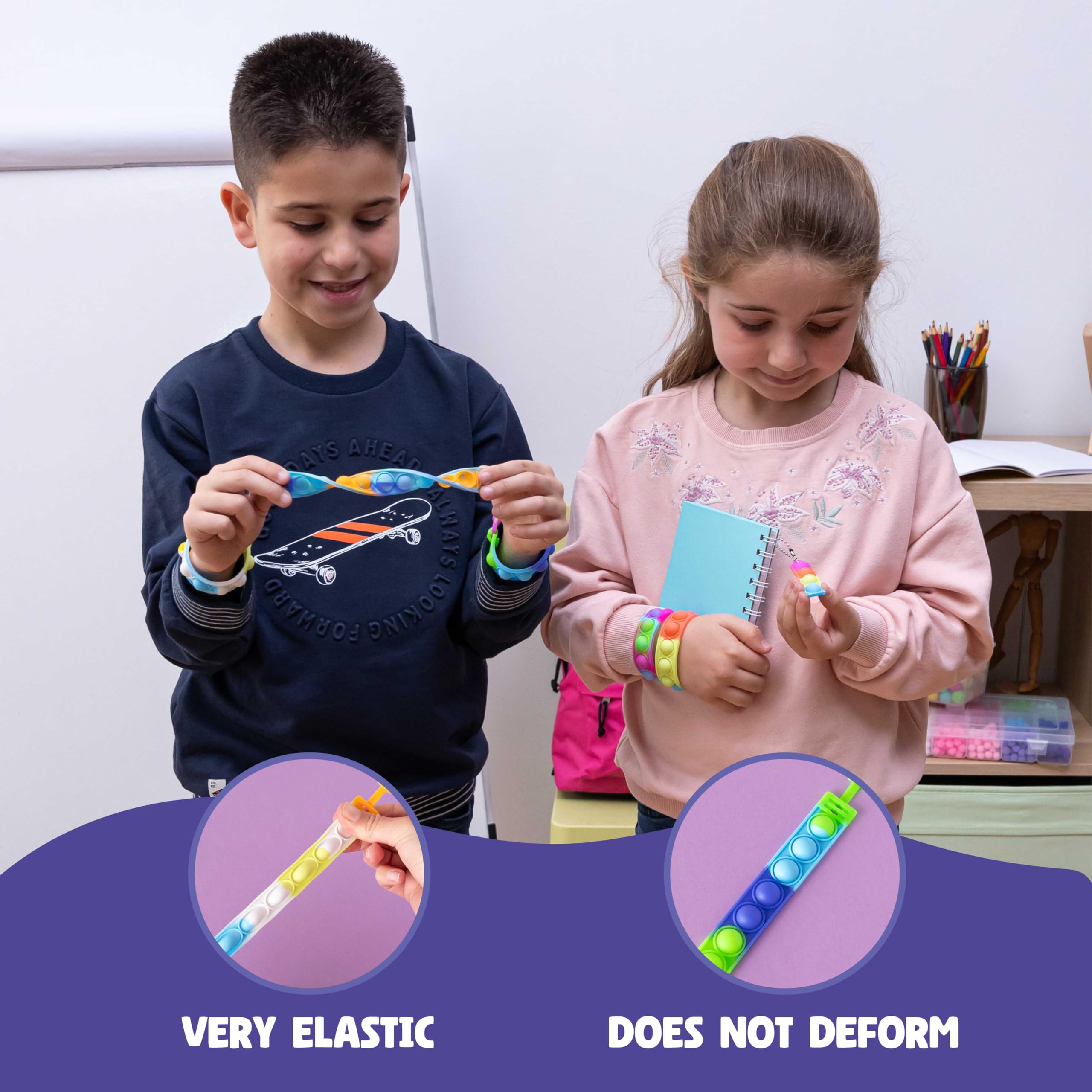 BONNYCO Pop It Bracelet and Keyring Fidget Toys - 30 Pack Matching Sets | 15 Colors | Adjustable 5