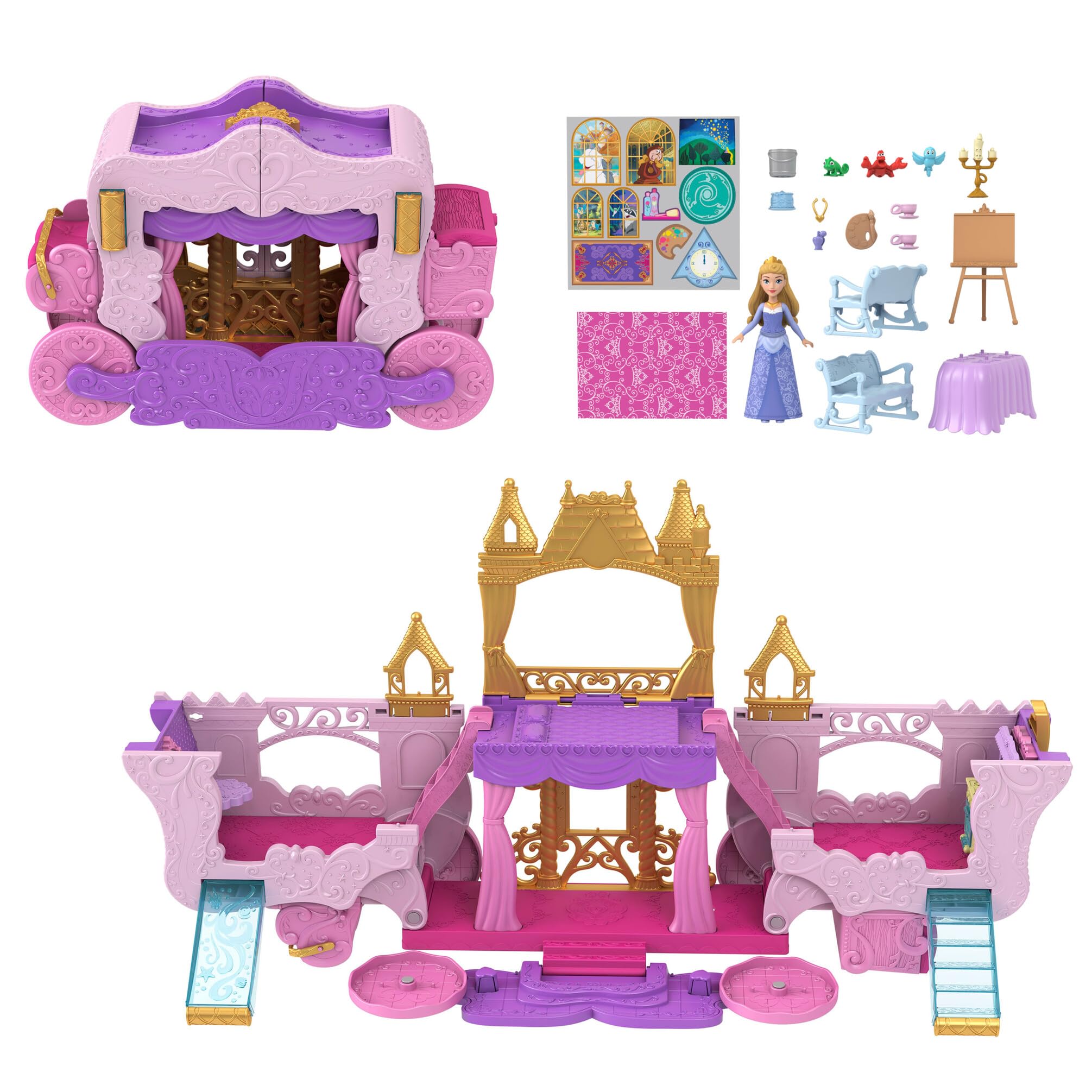 Mattel Disney Princess Carriage to Castle Transforming Playset with Aurora Doll, 3 Levels, 6 Play Areas, HWX17