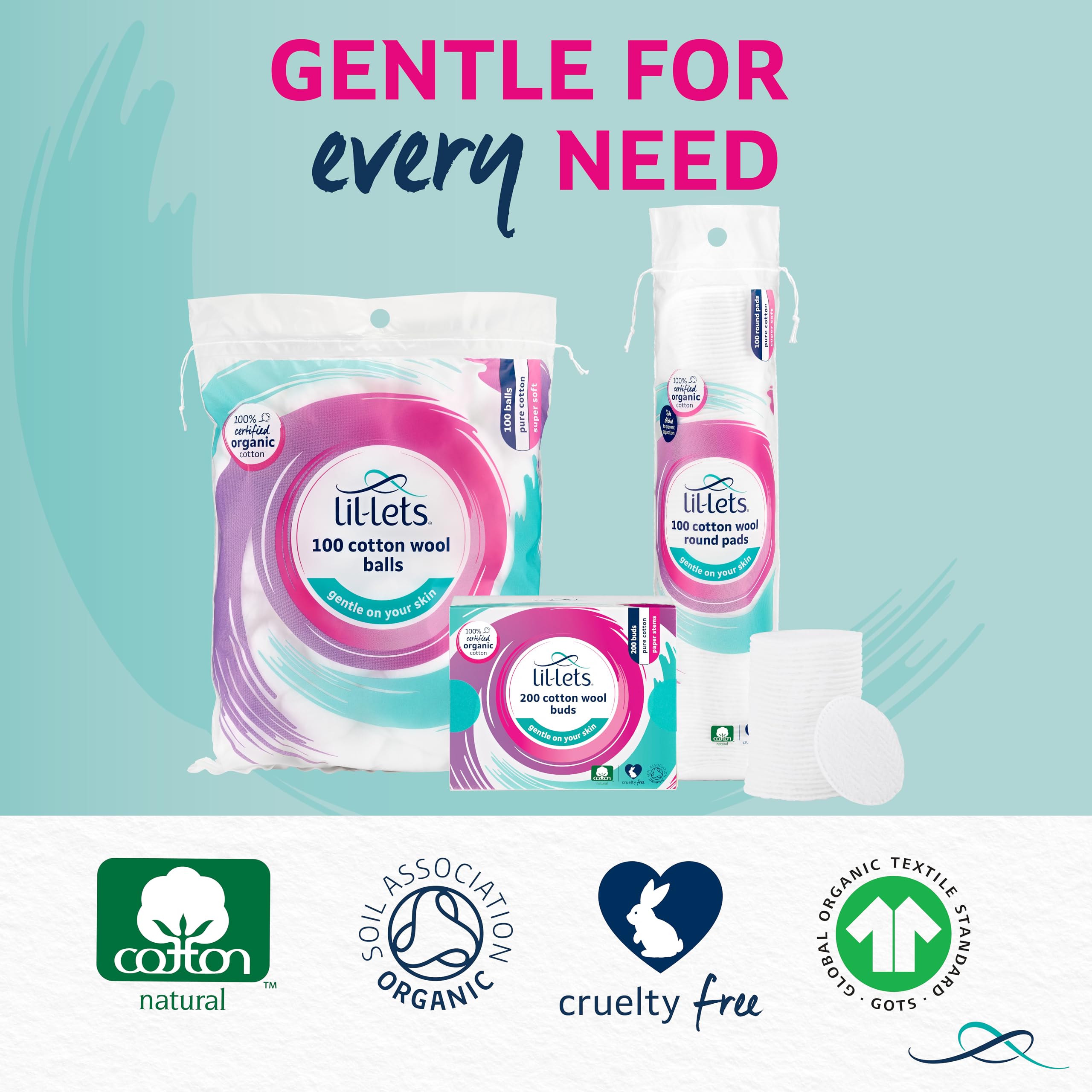 Lil-Lets Organic Cotton Wool Round Pads (6 x 100 Count) - GOTS Certified, Dermatologically Tested 3