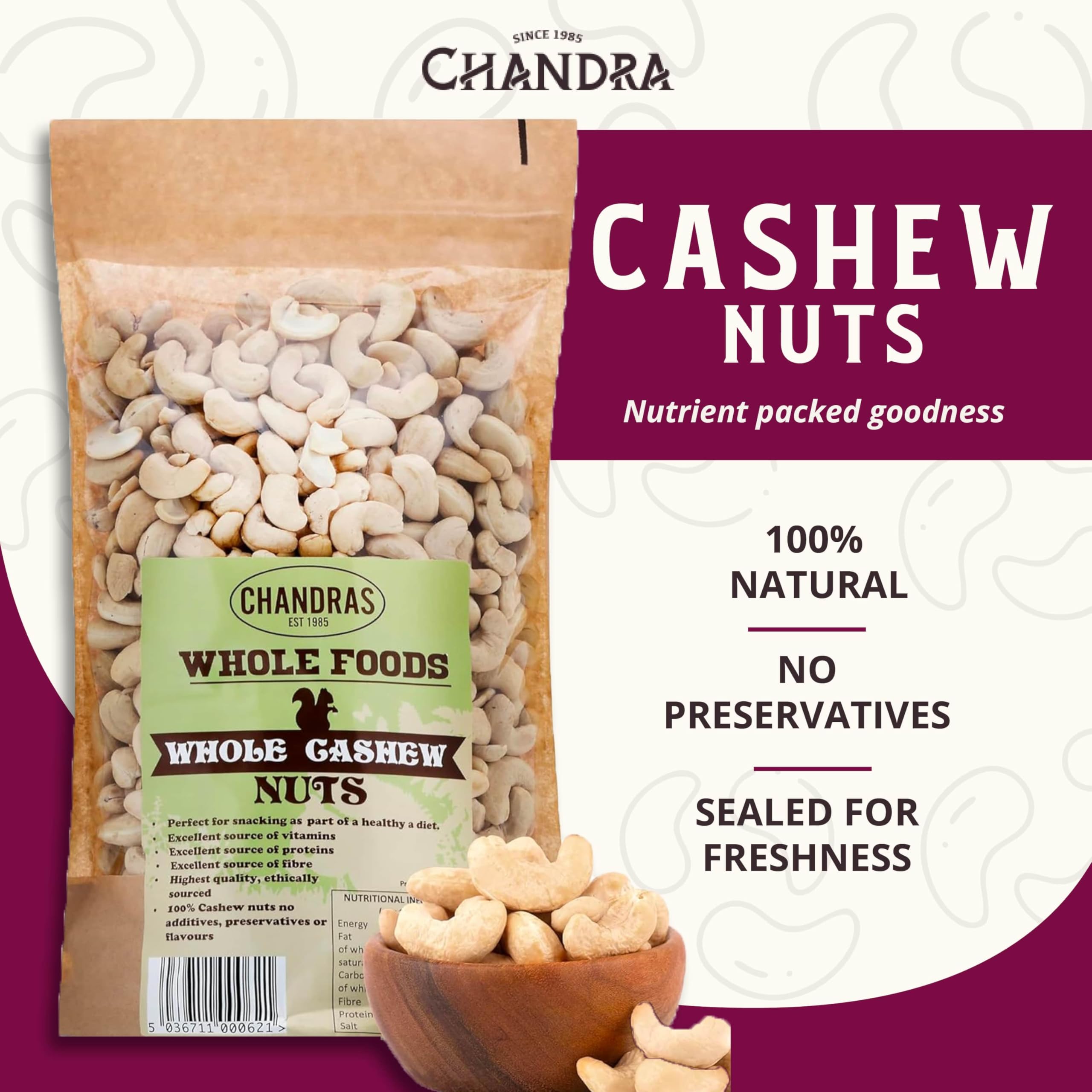 CHANDRA Whole Foods Raw Deshelled Whole Cashew Nuts - 1KG | Low-GI | Vegan & Gluten-Free