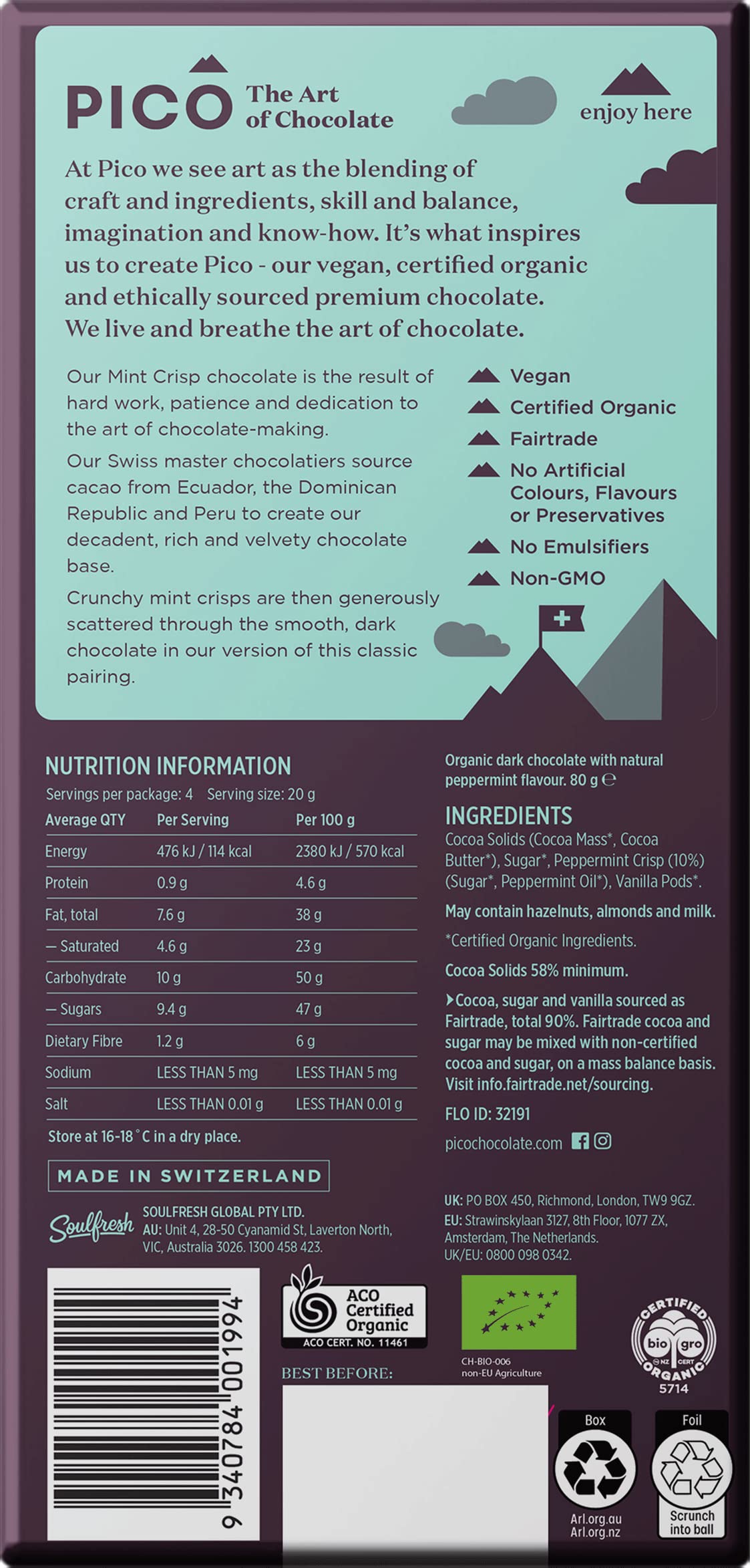 SOULFRESH Pico Mint Crisp Dark Chocolate Vegan Bar - 58% Cocoa | Organic | 80g 2