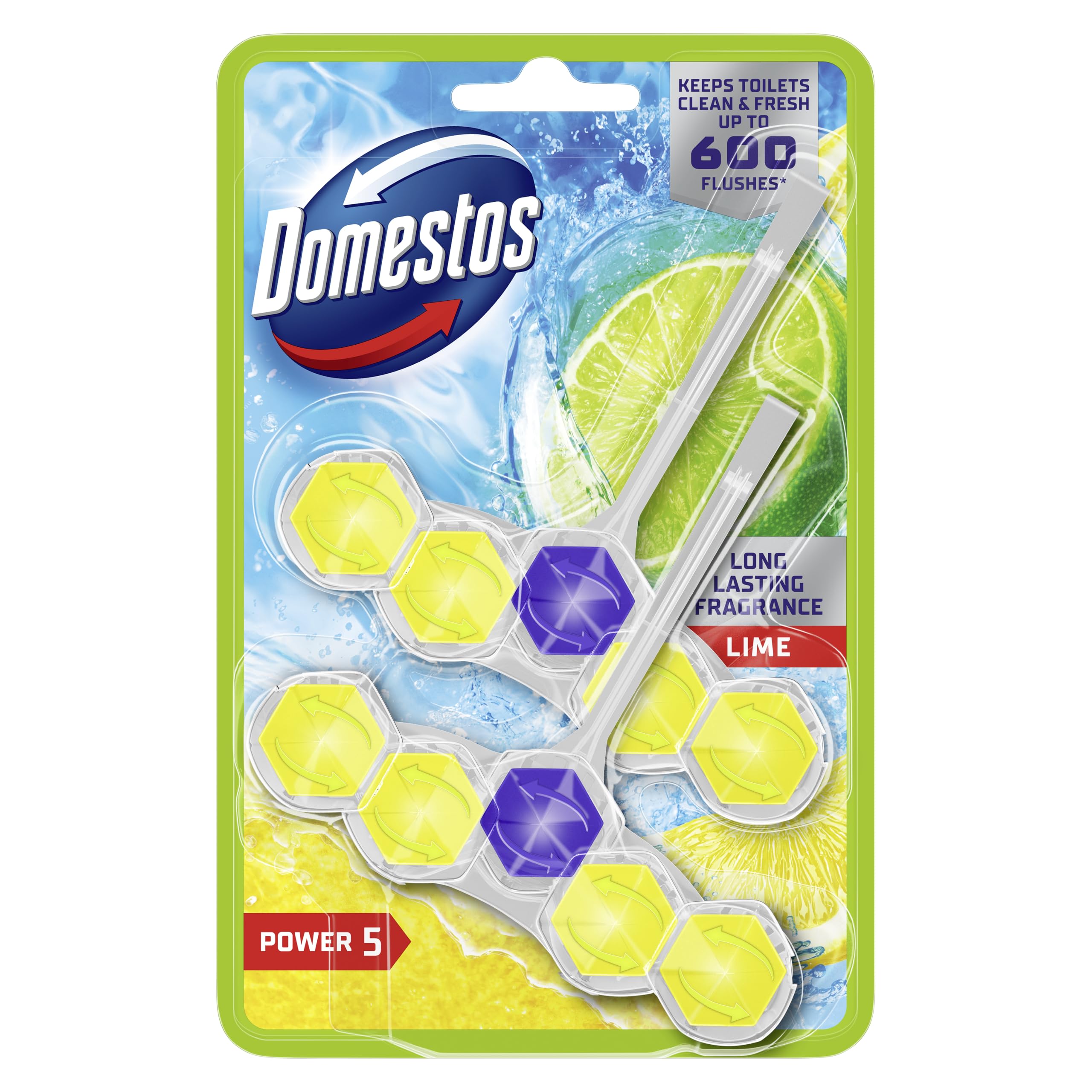 Domestos Power 5 Lime Toilet Rim Blocks 2x 50 g - Long-Lasting Toilet Freshener with Limescale Prevention