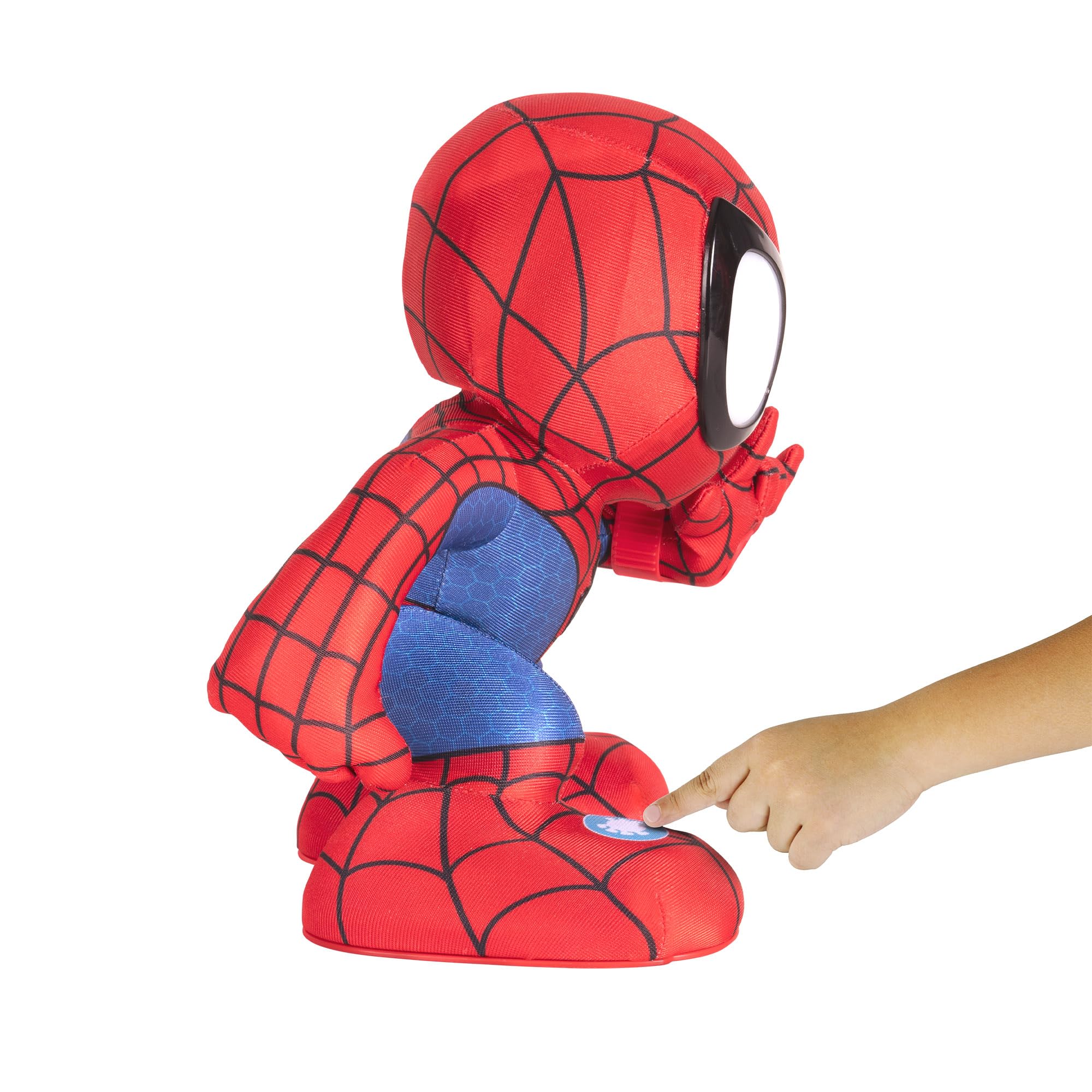 Spider-Man costume with a hand pressing a button on a white background